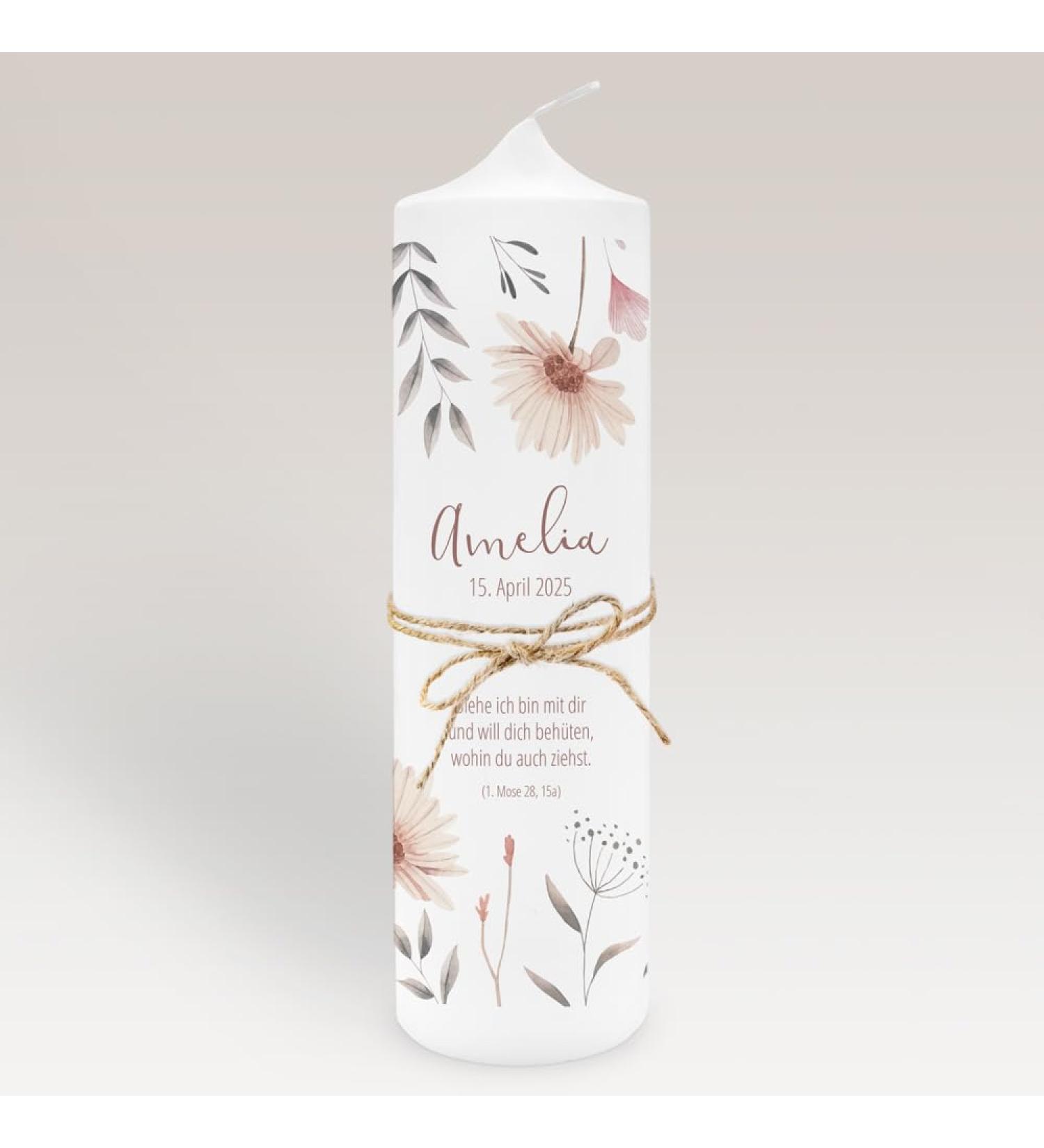Personalized Christening Candle for Girls | Modern Floral Design | Customizable with Name & Baptismal Saying | Includes Jute Ribbon Decoration - Buy Online on GoSupps.com