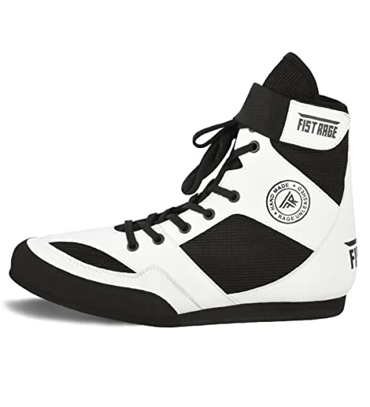 FISTRAGE Leather Boxing Shoes | Kick Fighting Training Mesh Unisex Pro Men's & Youth | Lightweight Boot for Adults & Youth | White/Black - Size Women 9.5/Men 8 - Buy Online on GoSupps.com