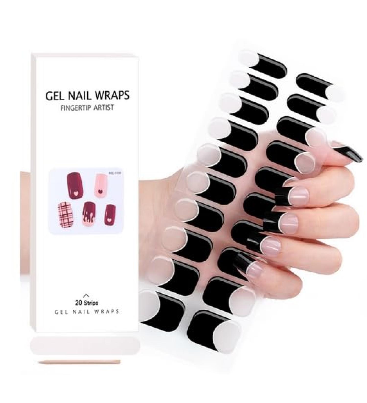 Semi Cured Gel Nails Strips - Nude Pink Gel Nail Stickers Nail Wraps Soft Self-Adhesive Gel Nail Strips for Nails French Tip (Black-French - BSS-0239)