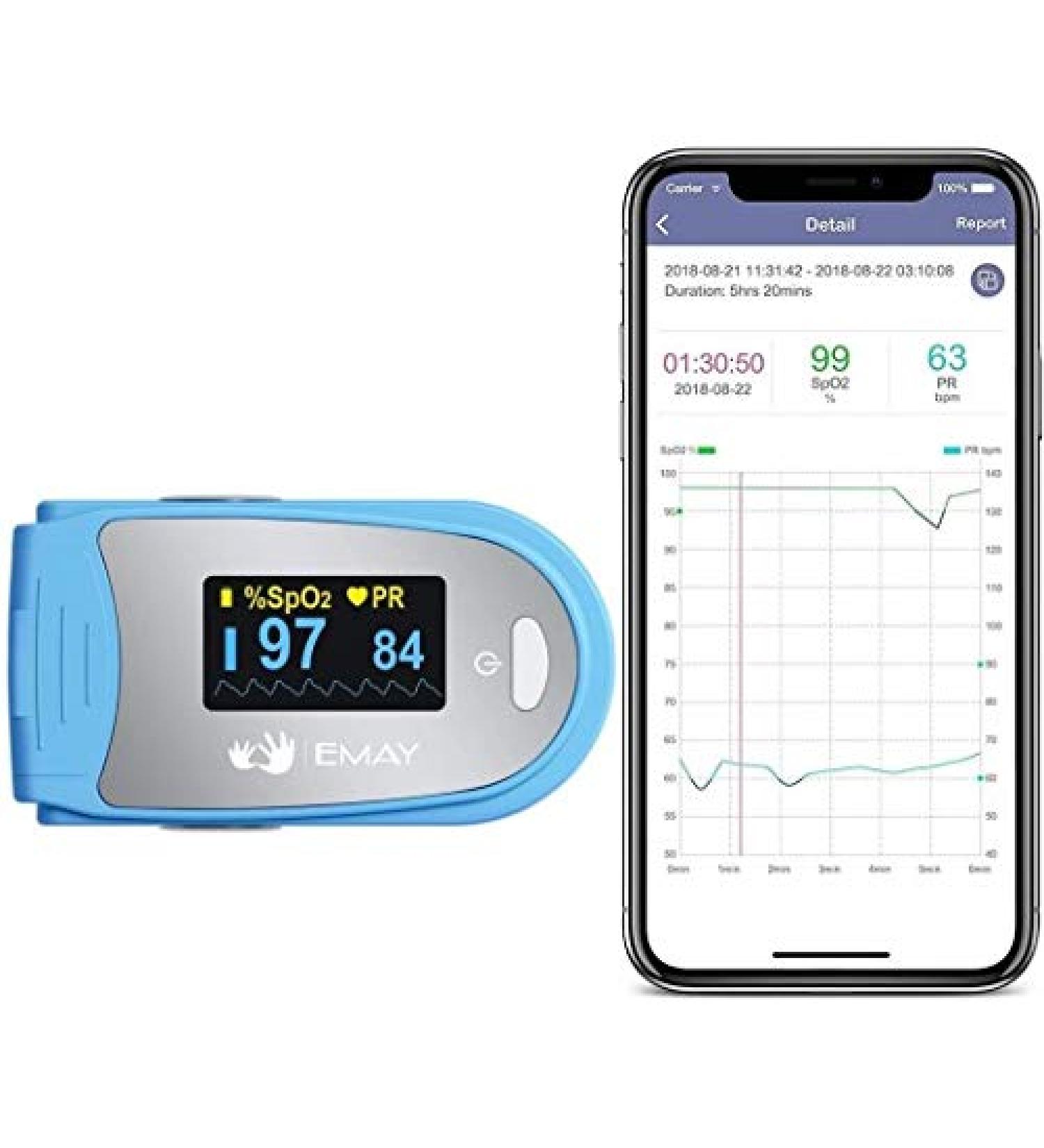 EMAY Sleep Oxygen Monitor with 40-Hour Memory | Overnight Pulse Oximeter for O2 Tracking | Continuous O2 & HR Recording Plus Report - Buy Online on GoSupps.com