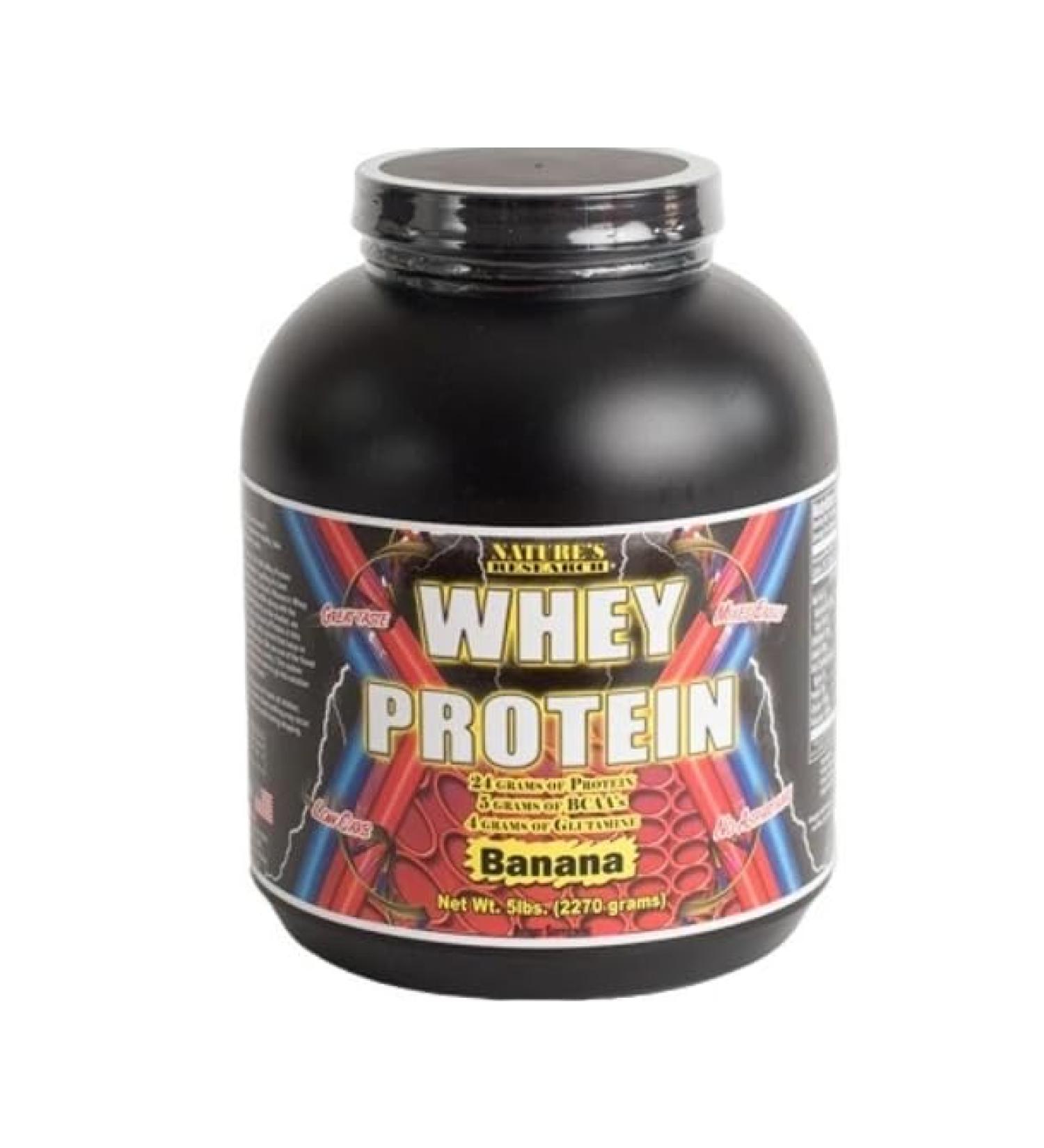 Natures Research 100% Whey Protein 5lbs jug Banana 75 Servings 24 Grams Premium Whey Protein Powder