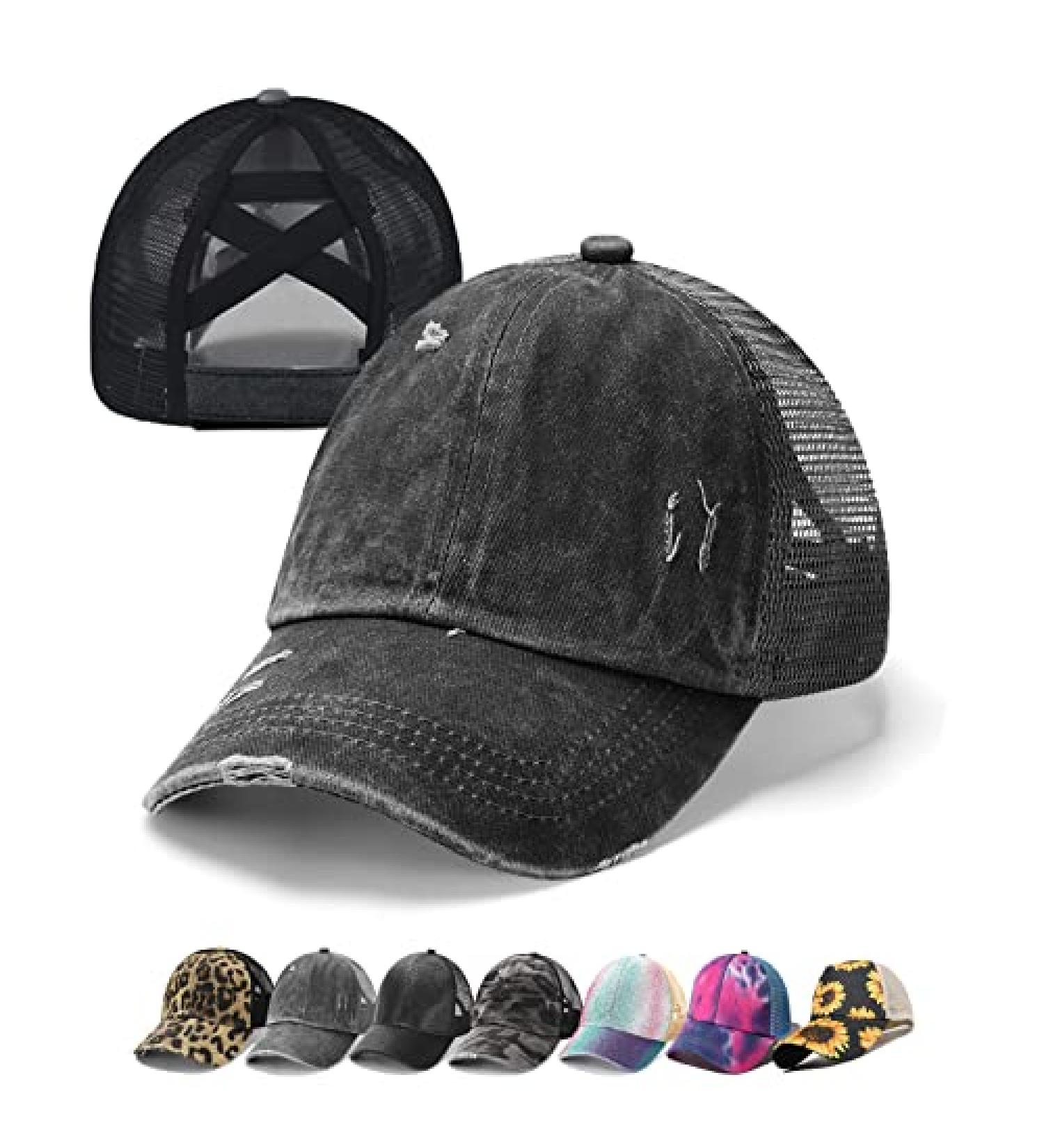 Criss Cross Washed Distressed Baseball Cap - Black Ponytail Hat for Women - Buy Online on GoSupps.com