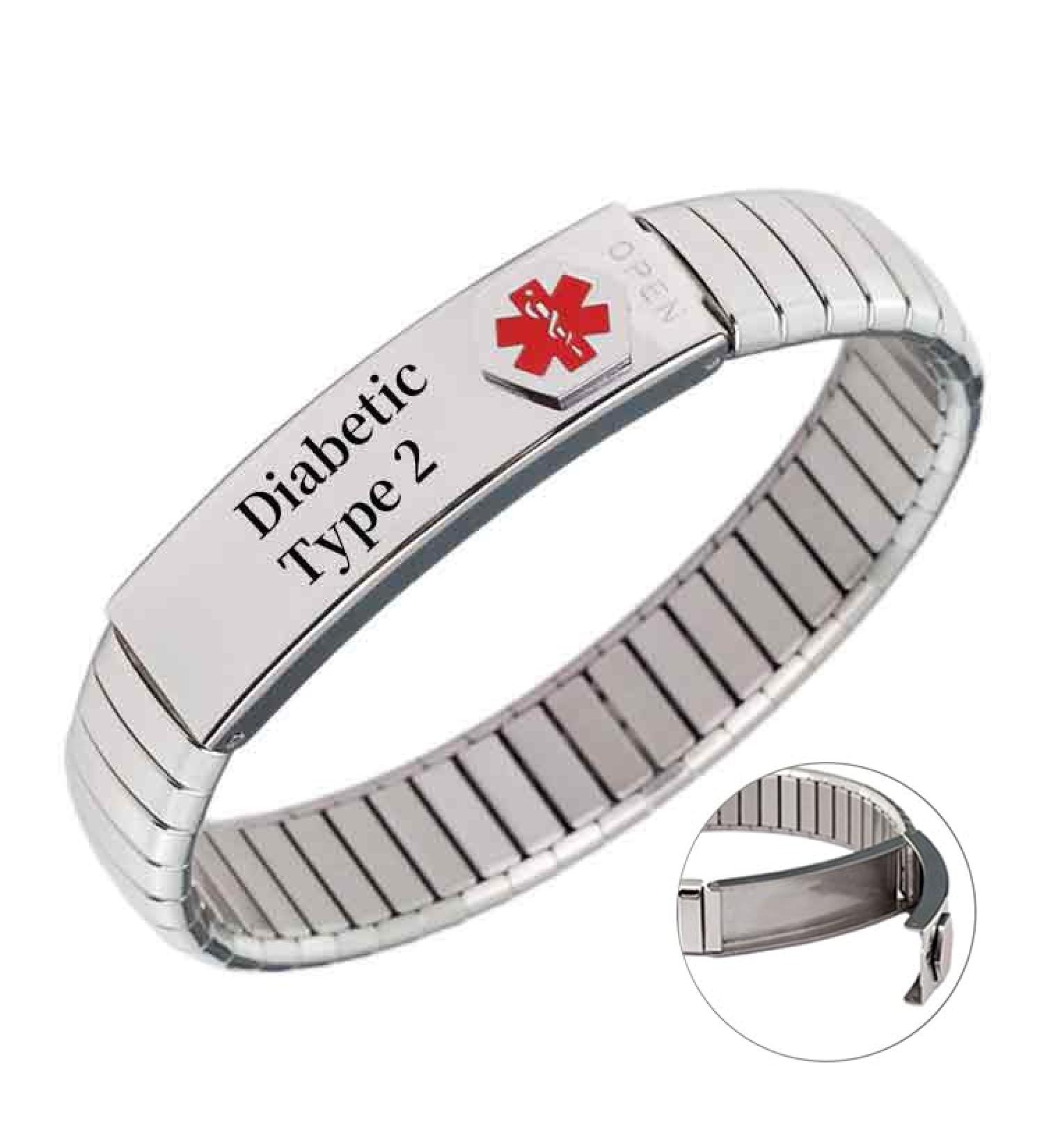 Expandable Medical Alert Bracelet 13mm Width - Diabetic Type 2 - 18cm - Privacy Lift-Up Section - Includes Medical Info Card - Men & Women - Buy Online on GoSupps.com