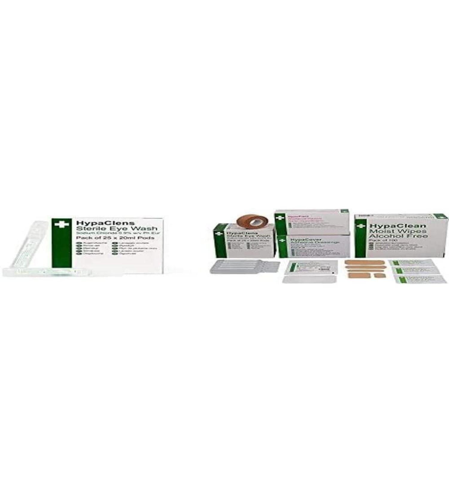 HypaClens Sterile Eye Wash Pods (Pack of 25) with Safety First Aid Essentials Pack - Eye Wash Plasters Wipes Dressings and Tape (251 Pieces) - Buy Online on GoSupps.com