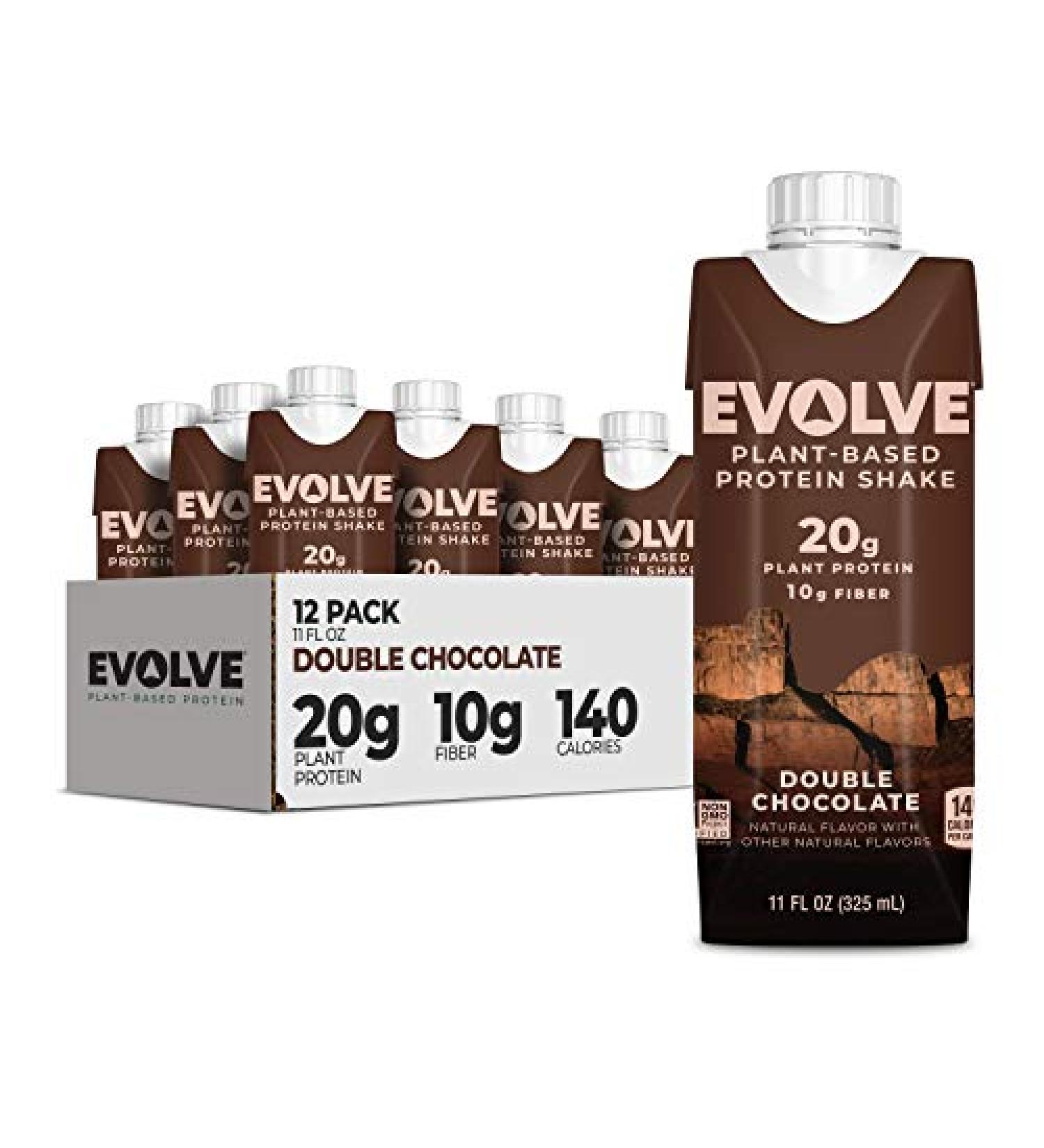 Evolve Plant Based Protein Shake - Double Chocolate, 20g Vegan Protein, Dairy Free, Non-GMO, 10g Fiber, 12 Pack - Buy Online on GoSupps.com