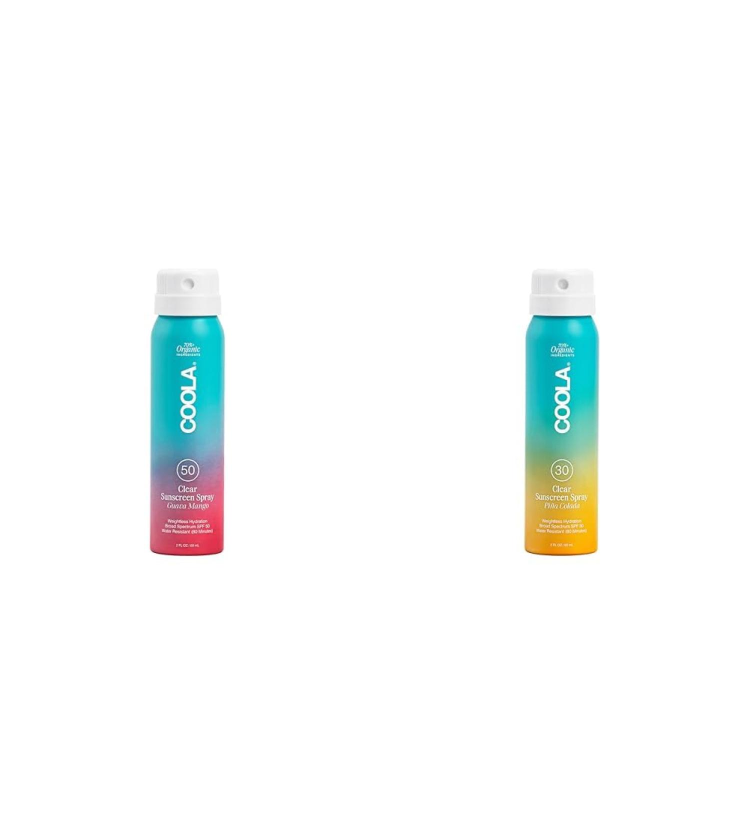 COOLA Organic Sunscreen Spray Bundle - SPF 50 Guava Mango & SPF 30 Pi a Colada Travel Size 2 Fl Oz Each Dermatologist Tested Vegan Sunblock