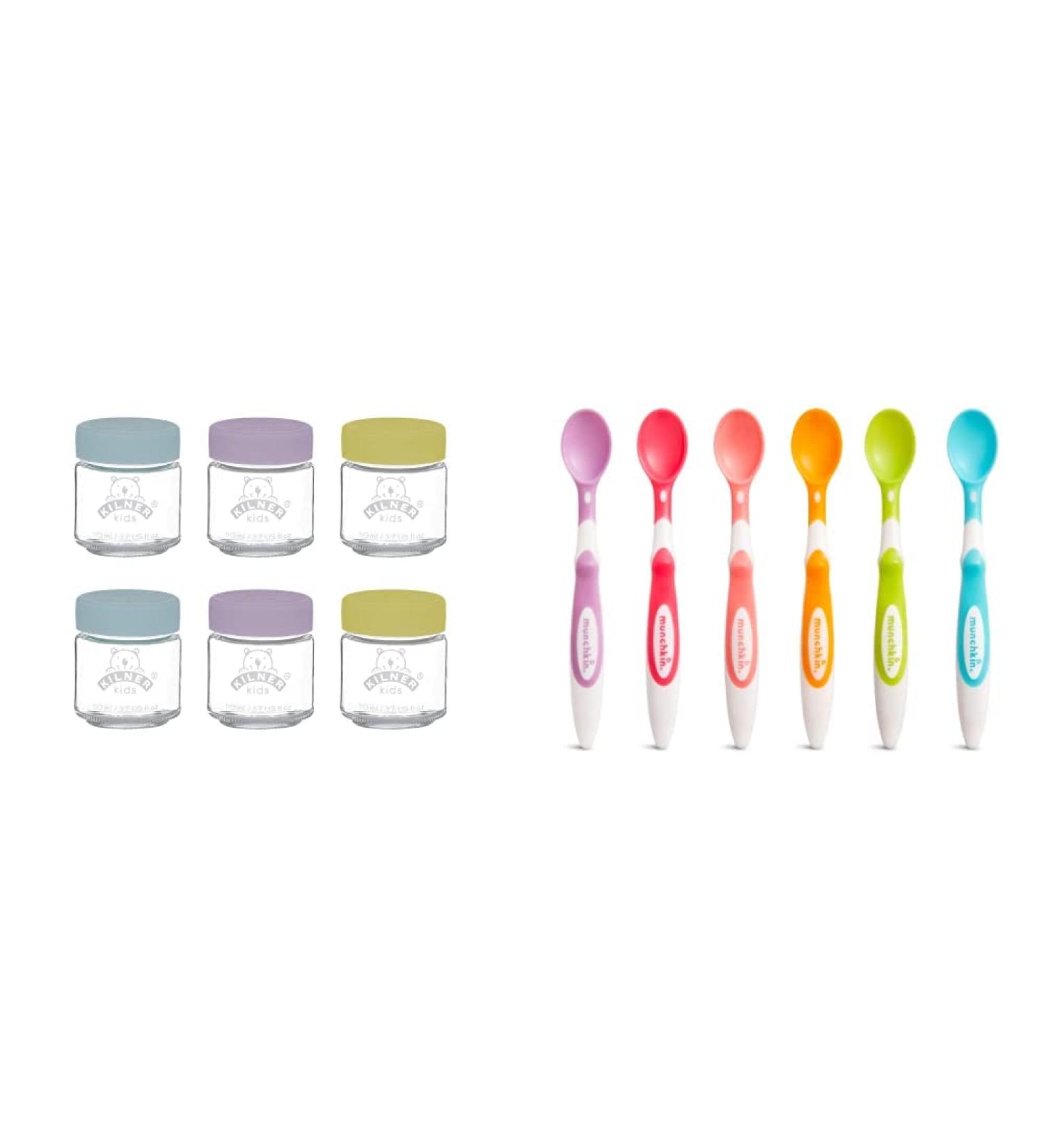 Kilner Kids 110ml Glass Jars Set of 6 with Munchkin Soft Tip Baby Weaning Spoons - 6 Pieces - Buy Online on GoSupps.com