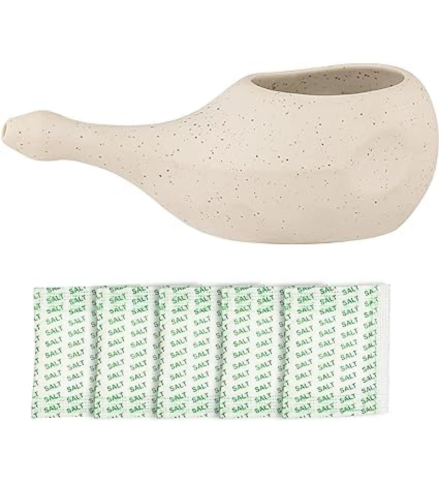 Ancient Impex Ceramic Neti Pot Without Handle Easy Grip for Sinus Treatment with 5 Sachets Neti Salt - Matte Ivory Color Holds 300 Ml (10.14 Fl Oz) Capacity - Buy Online on GoSupps.com