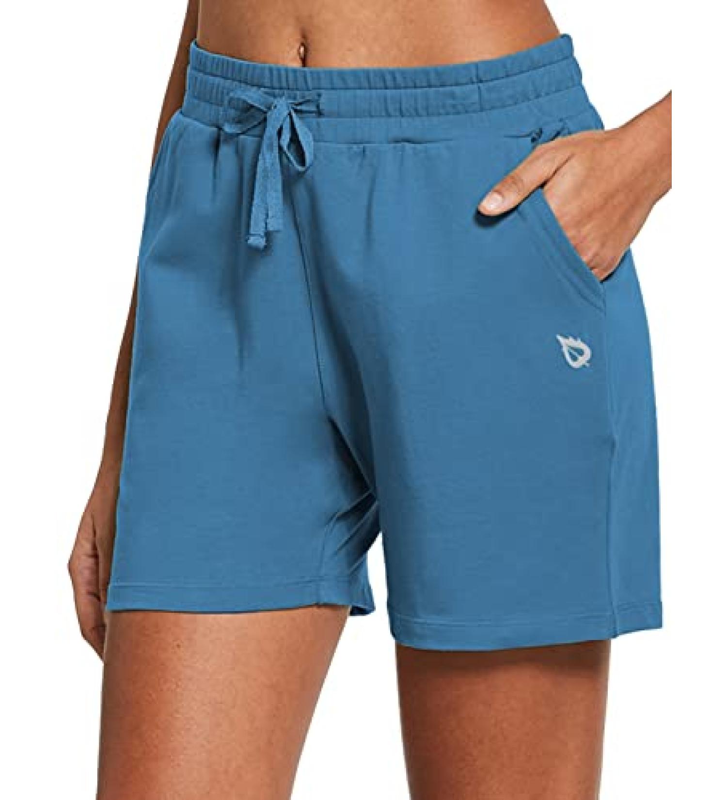 Baleaf Women's 5 Cotton Athletic Shorts - Comfy Summer Workout Shorts with Pockets in Copen Blue - Buy Online on GoSupps.com