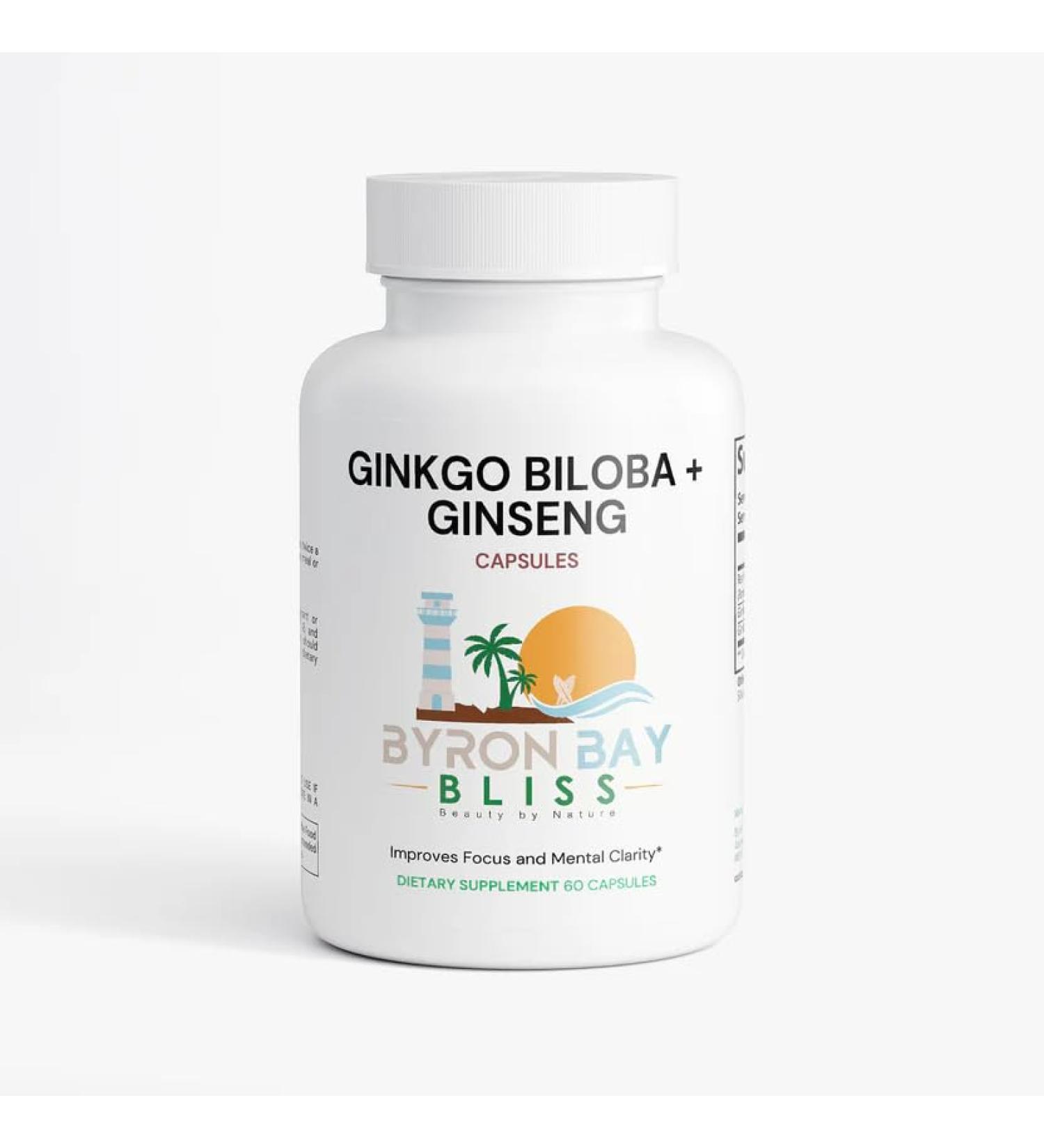 Byron Bay Bliss Ginkgo Biloba + Ginseng Capsules Brain Support 60 Count Natural Ingredients