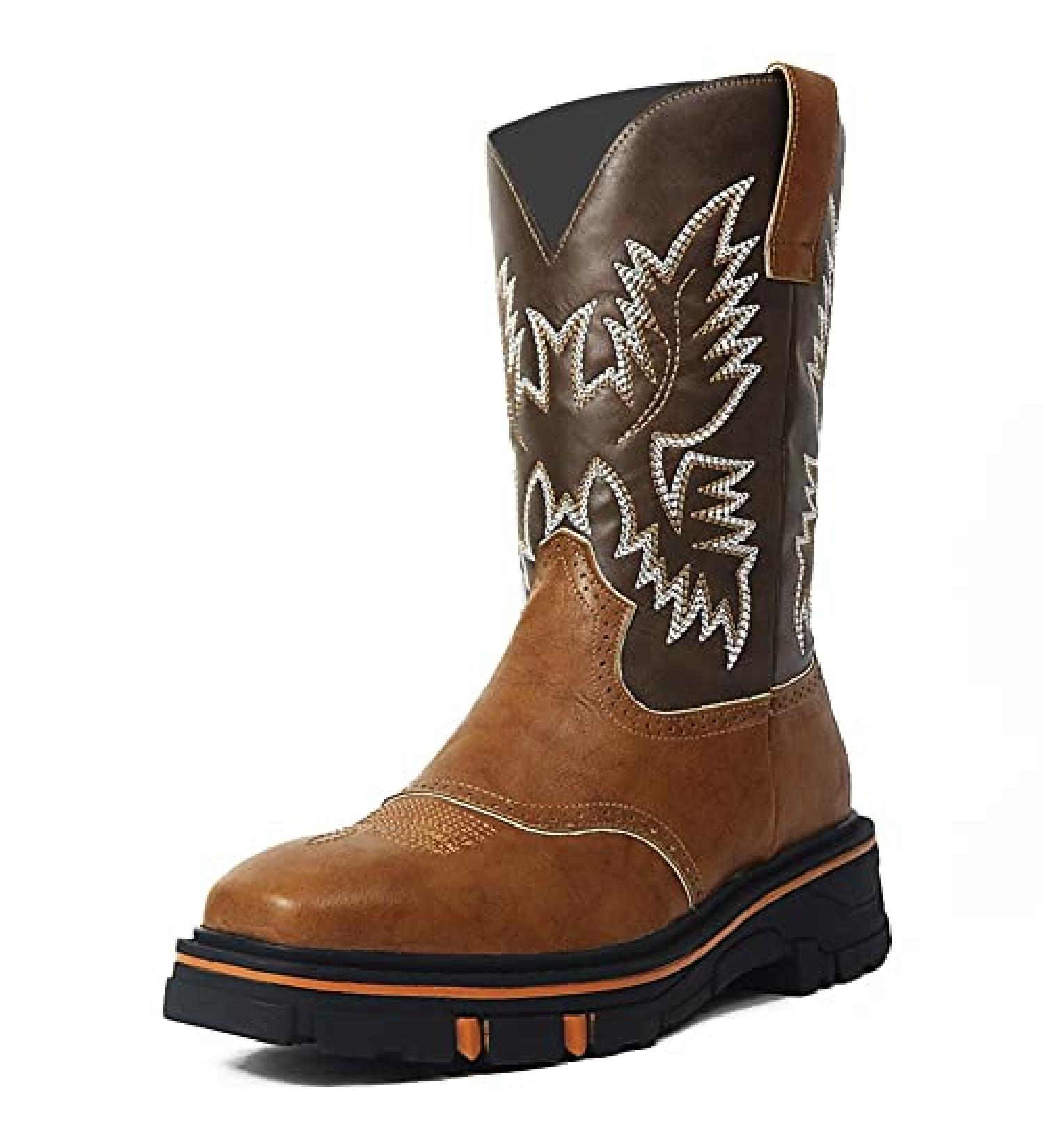 Ribetrini Men's Western Cowboy Work Boots - Square Toe Pull On Chunky Heel Platform Mid Calf Yellow Boots (Size 9.5) - Buy Online on GoSupps.com