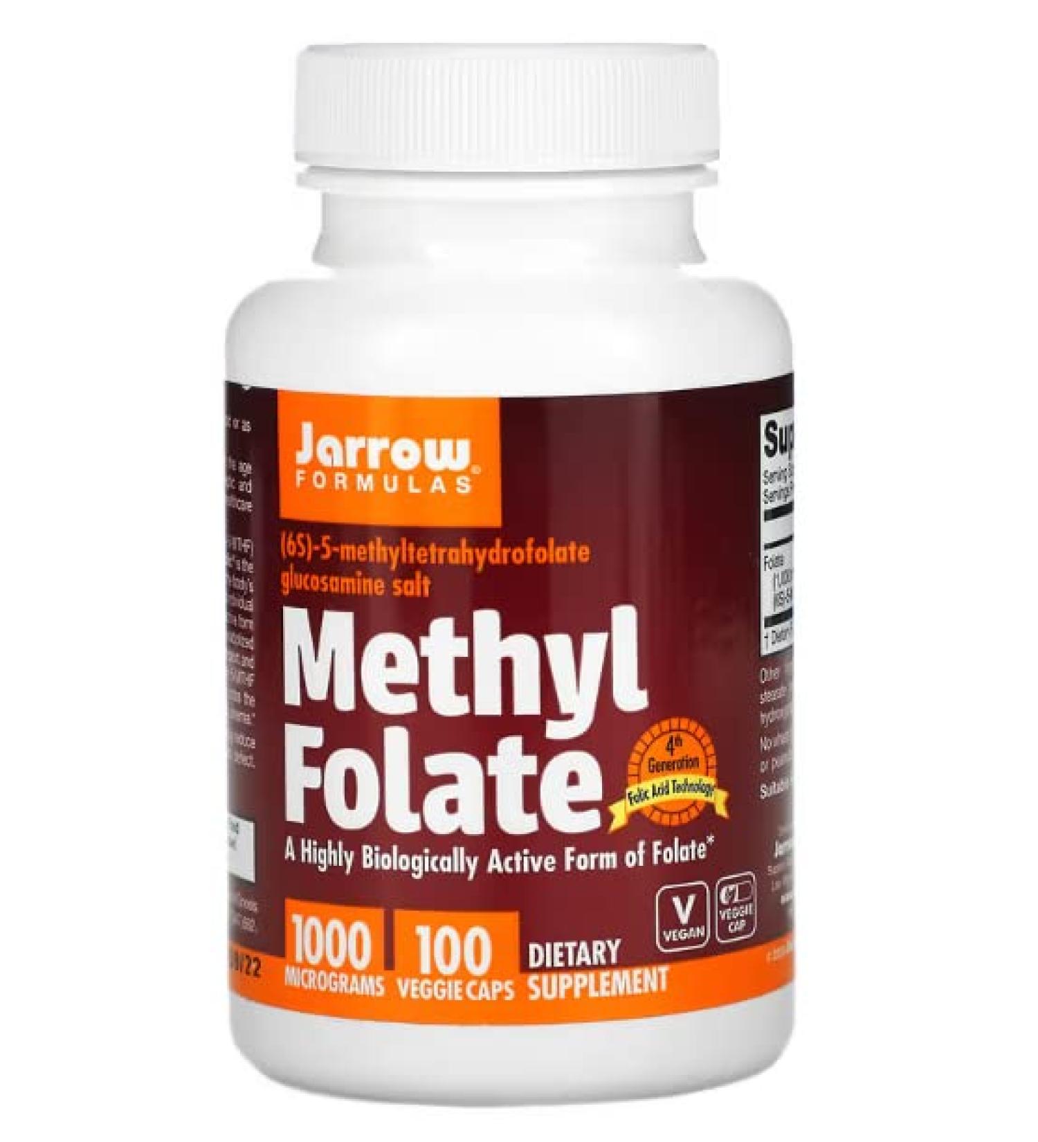 Jarrow Formulas Methyl Folate (5-MTHF) 1000mcg Vegan Capsules - Lab Tested, Gluten-Free, Vegetarian, Non-GMO - Folic Acid Supplement - Buy Online on GoSupps.com