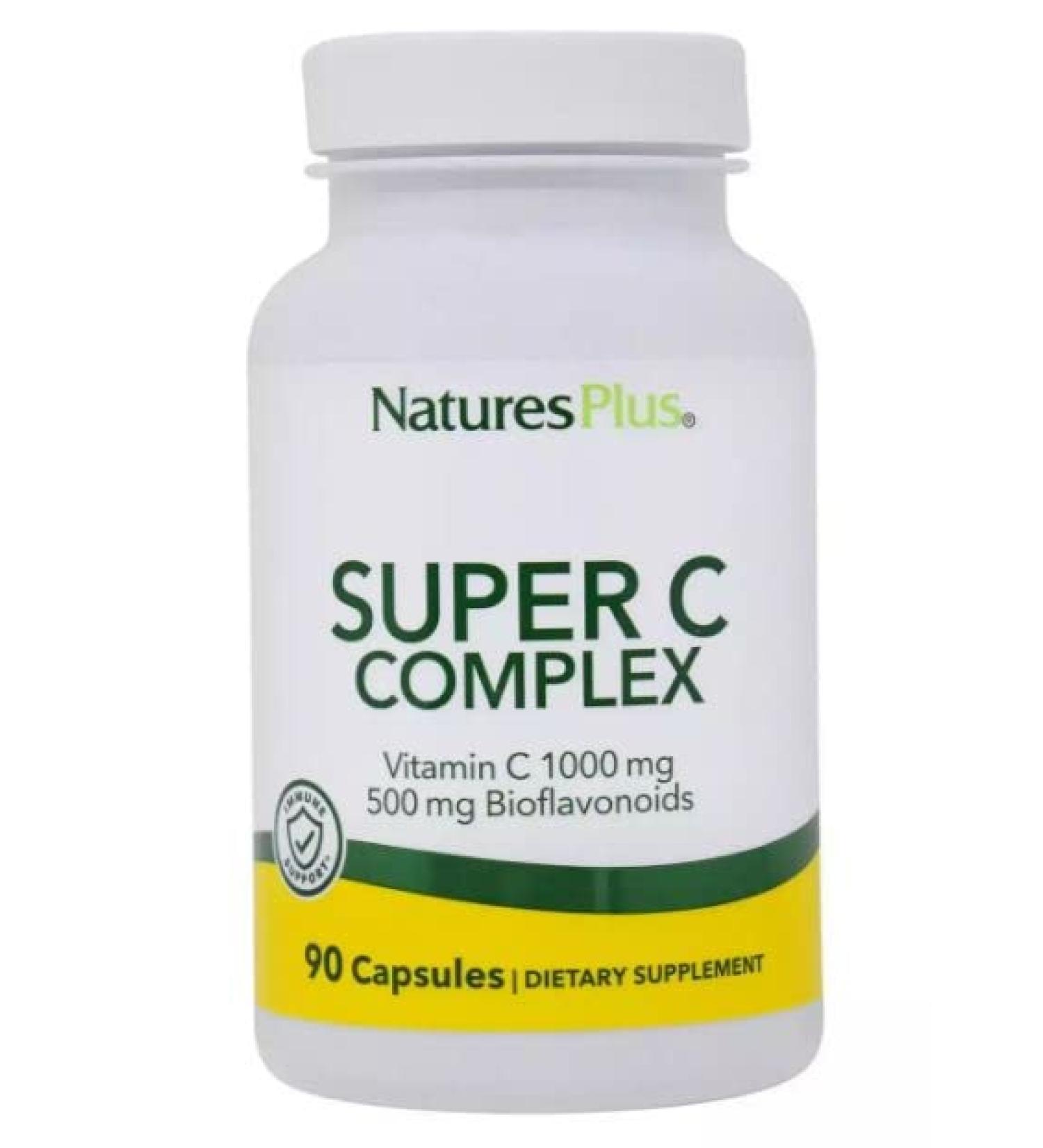 NaturesPlus Super C Complex 1000mg Ascorbic Acid Capsules - High Potency Vitamin C Supplement - Antioxidant - 90 Vegetarian Capsules - Buy Online on GoSupps.com