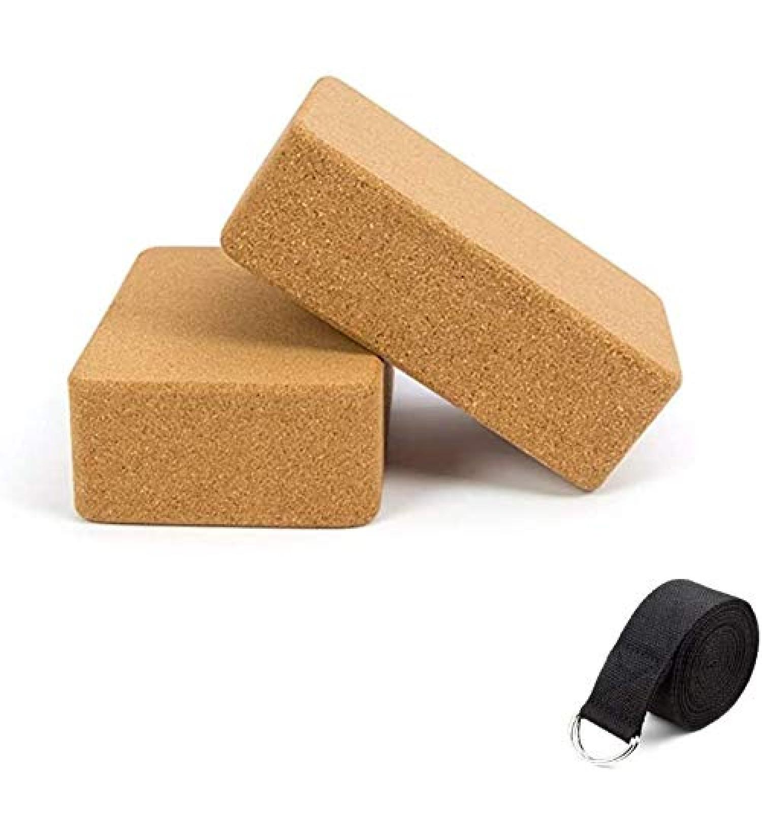 Cork Yoga Blocks 2 Pack + 1 Yoga Strap Set | High Density Natural Cork | Improve Balance, Strength & Flexibility | Comfortable Edge | 2 Blocks + 1 Strap - Buy Online on GoSupps.com