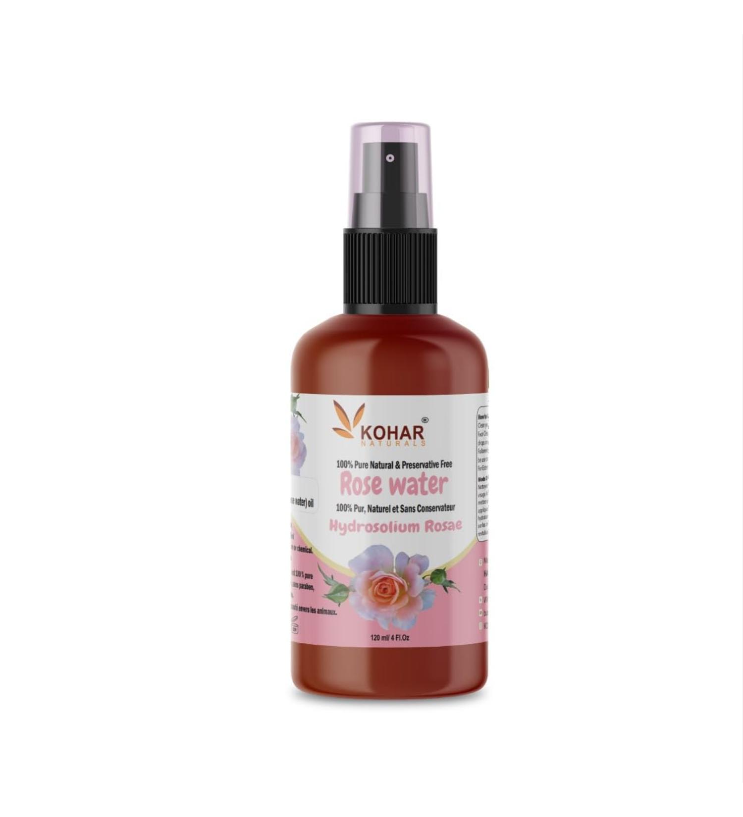 KOHAR NATURALS Made in Canada Rose Water Facial Toner. 100% Pure Natural Preservative Free Rose Hydrasol Spray Mist. Only 1 ingredient Chemical & Preservative Free. 120 mL - Buy Online on GoSupps.com