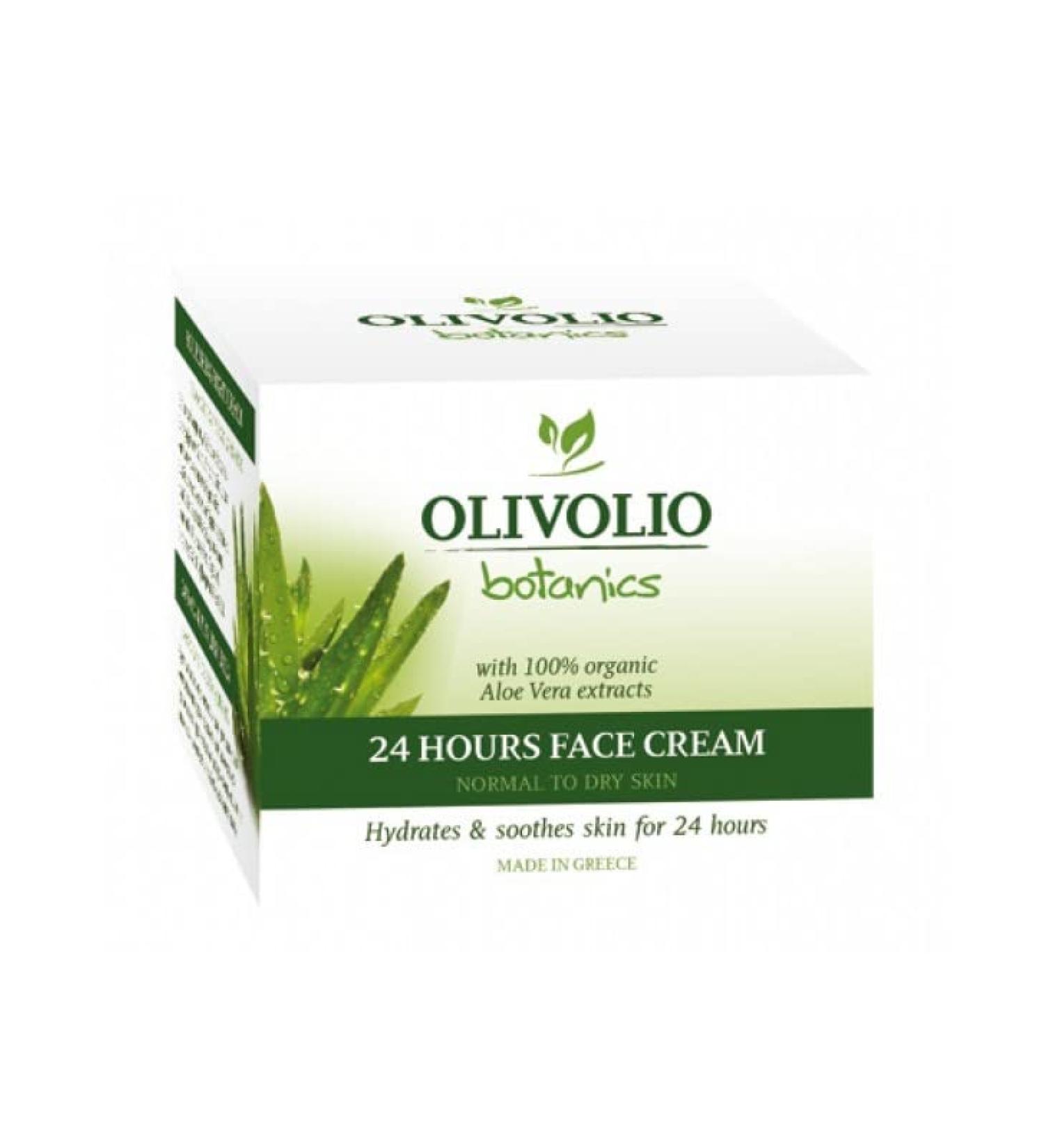 Olivolio 24-hour active moisturizing cream with 92% natural ingredients and 100% organic aloe vera free of mineral oil and parabens
