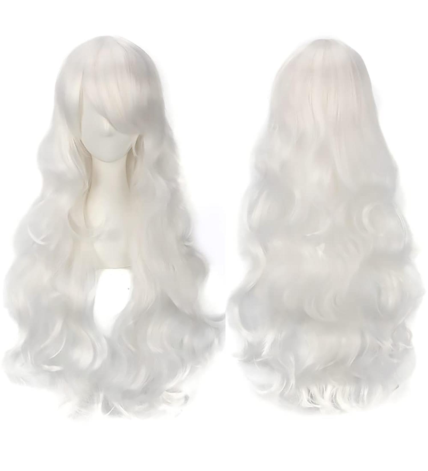 YEESHEDO 32 Long Wavy Curly Hair Cosplay Wig with Bangs - White | Heat Resistant Synthetic Wig for Women & Girls | Party Costume Anime Halloween - Buy Online on GoSupps.com