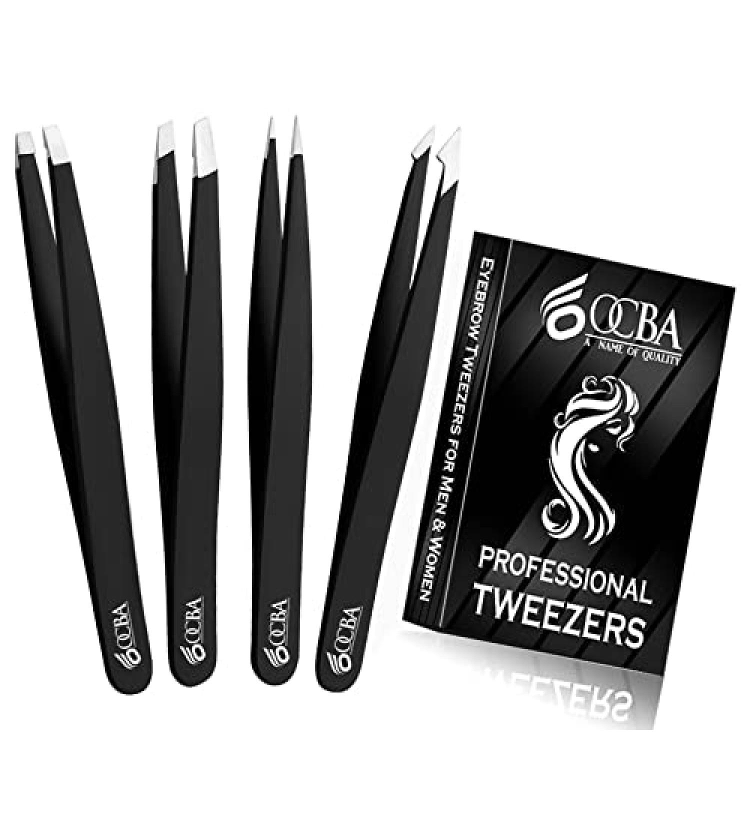 OCBA 4 Pcs Black Tweezers for Facial Hair Women & Men - Professional Stainless Steel Eyebrow Tweezers for Ingrown Hair on Nose, Ear - Precise Grooming of Eyebrows - Buy Online on GoSupps.com