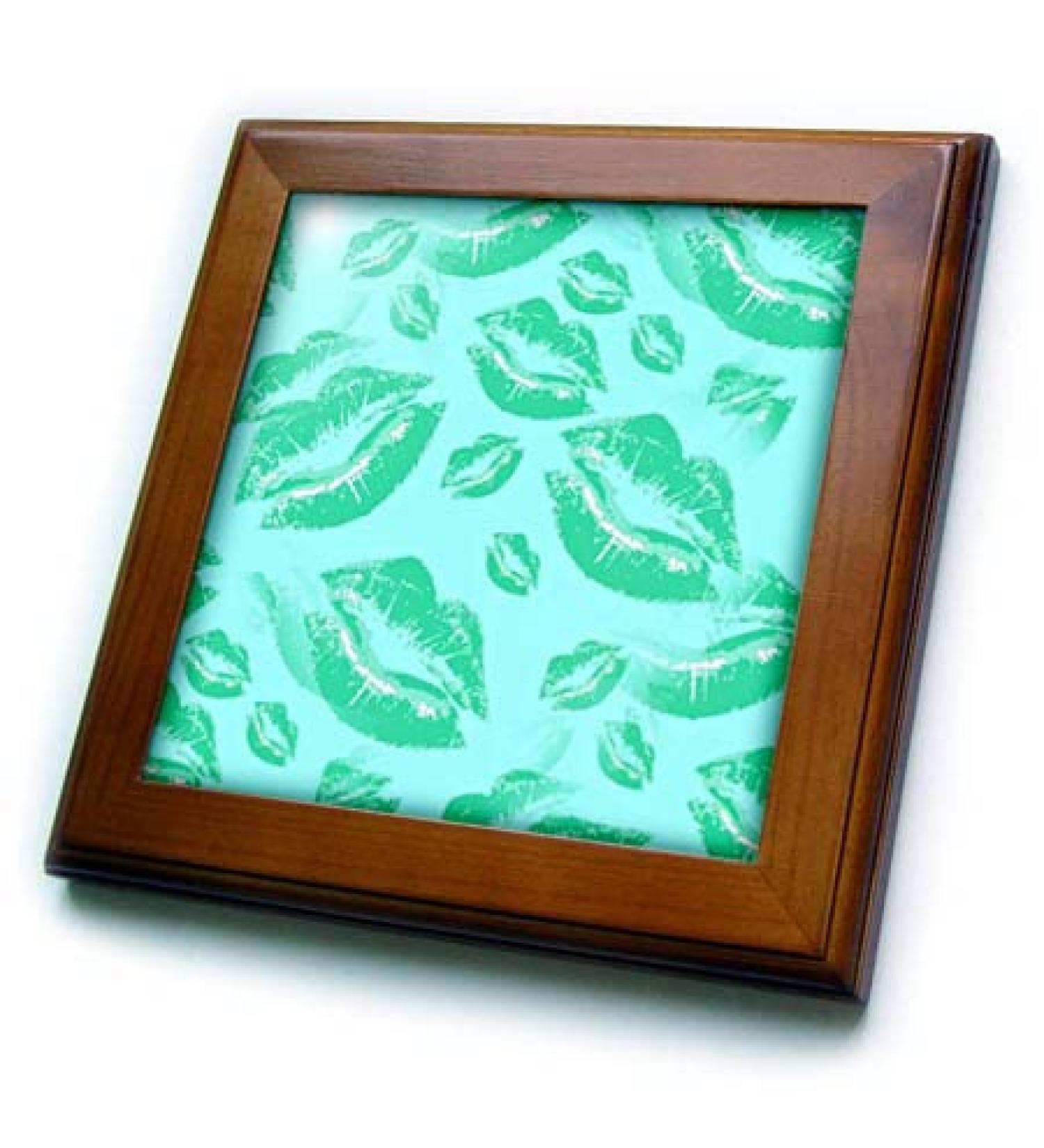 3dRose 8x8 Framed Tile - Two Kisses Collided Lip Affectionate Aqua Colored Lips Pattern Pattern - Lipstick Kisses