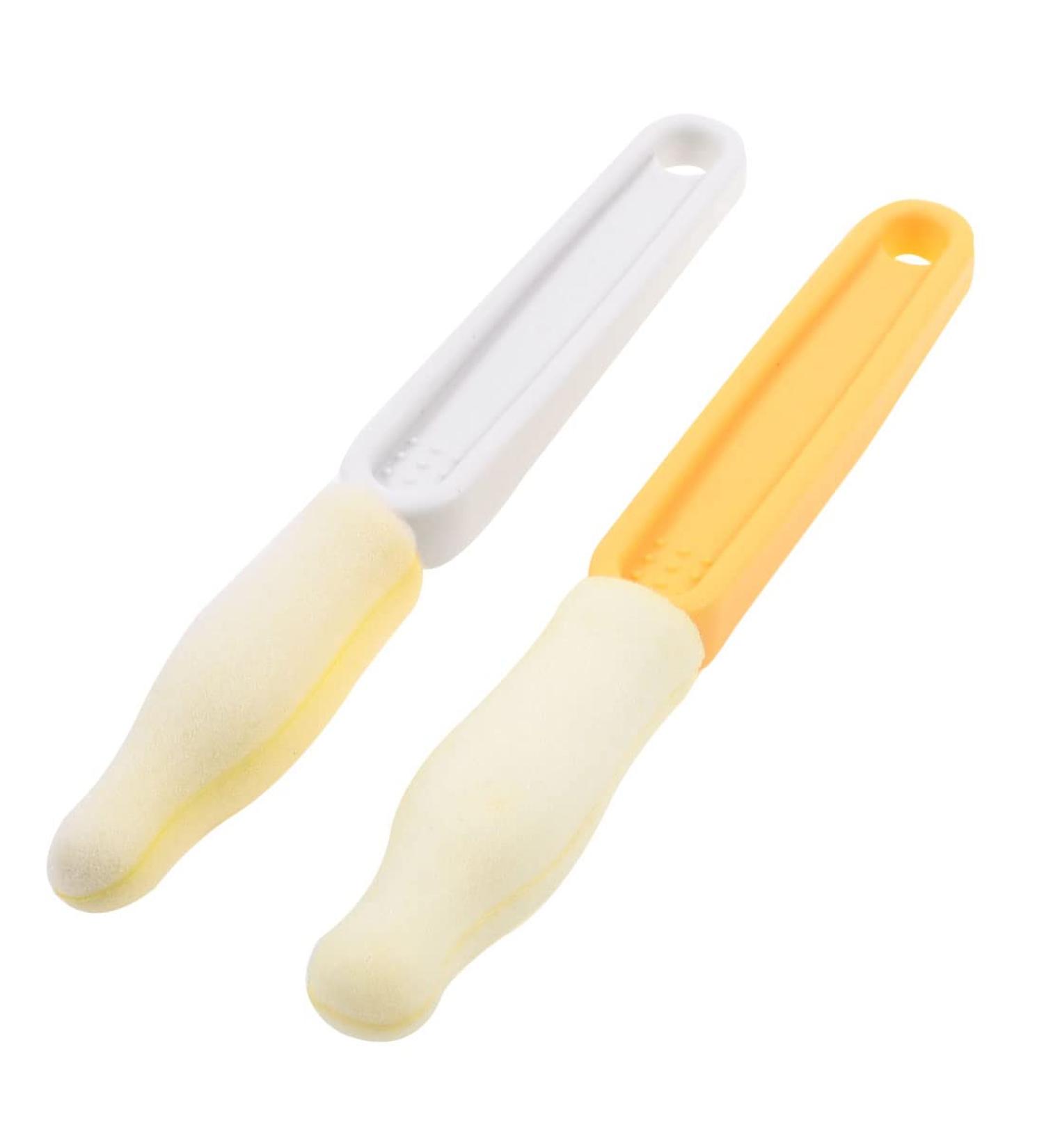 Ruilogod 2pcs White Yellow Plastic Handle Baby Feeding Bottle Nipple Cleaning Sponge Brush