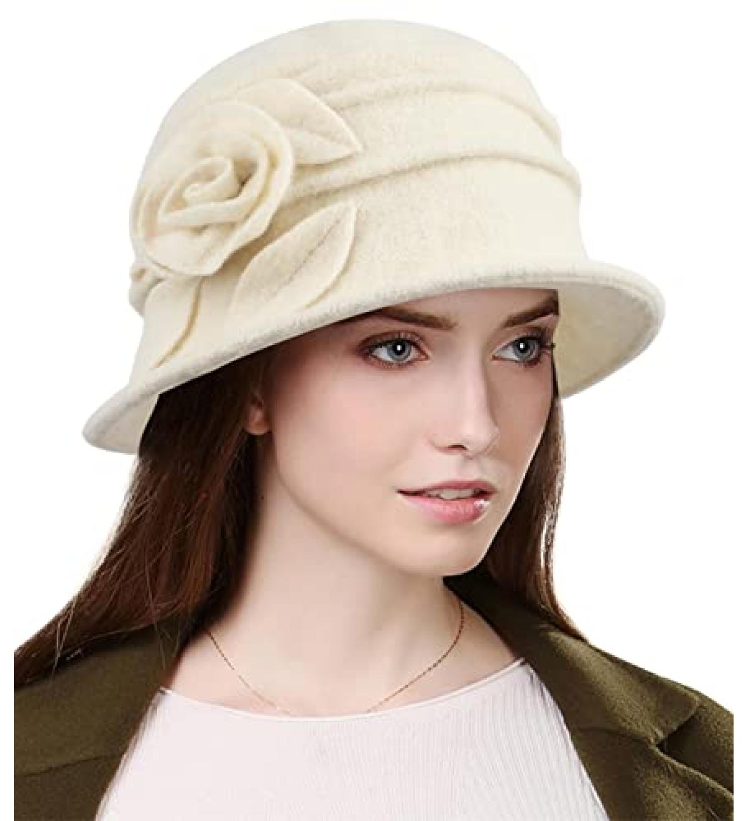 Sumolux Women's Vintage Floral Wool Beret Hat - French Style Cloche Winter Hat in White - Buy Online on GoSupps.com