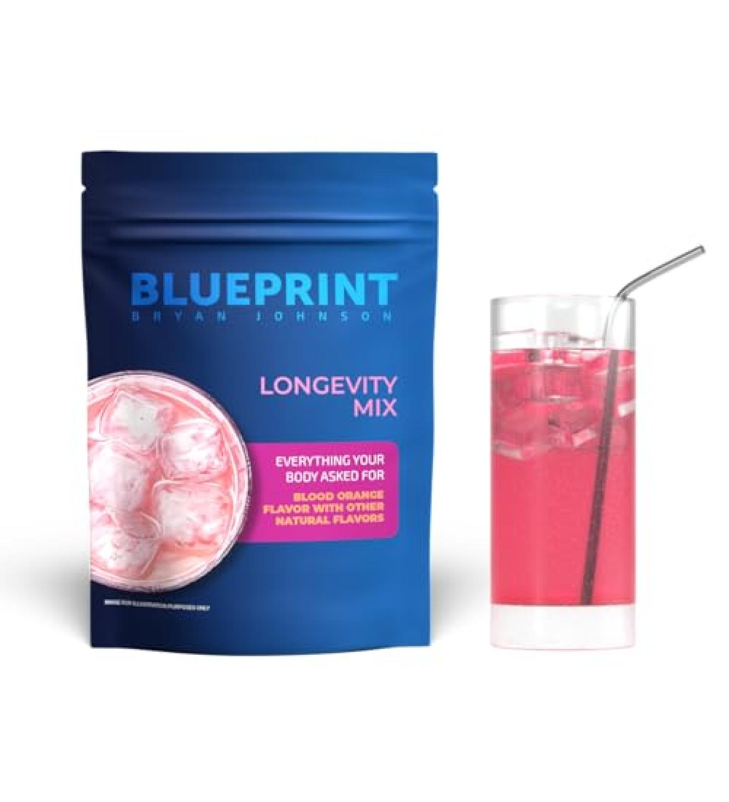 Blueprint Bryan Johnson Longevity Mix - Muscle Builder & Recovery Supplement - Promotes Focus and Balanced Mood - Magnesium, Creatine, L-Theanine, Glutathione & Vitamin C- 30 Servings, Blood Orange - Buy Online on GoSupps.com