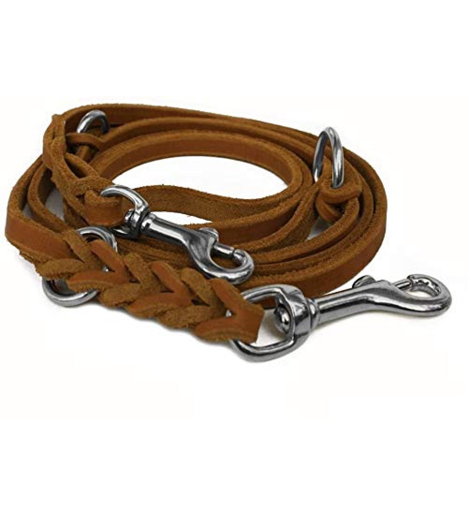 Fat leather Gleine 3-way adjustable leather line braided for dogs 96 models to choose from (2.40m x 12mm cognac chrome hook) 2.40m x 12mm cognac chrome hooks