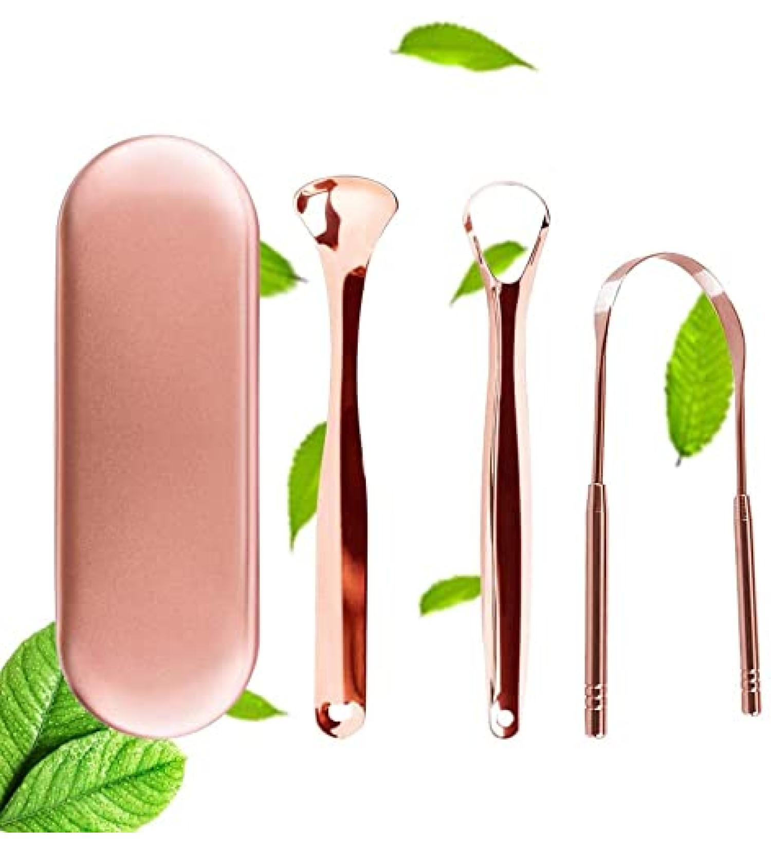 Stainless Steel Tongue Scraping Cleaner Set - 3 Pieces for Adults & Children - Oral Care & Bad Breath Relief - Ros Gold Case Included - Buy Online on GoSupps.com