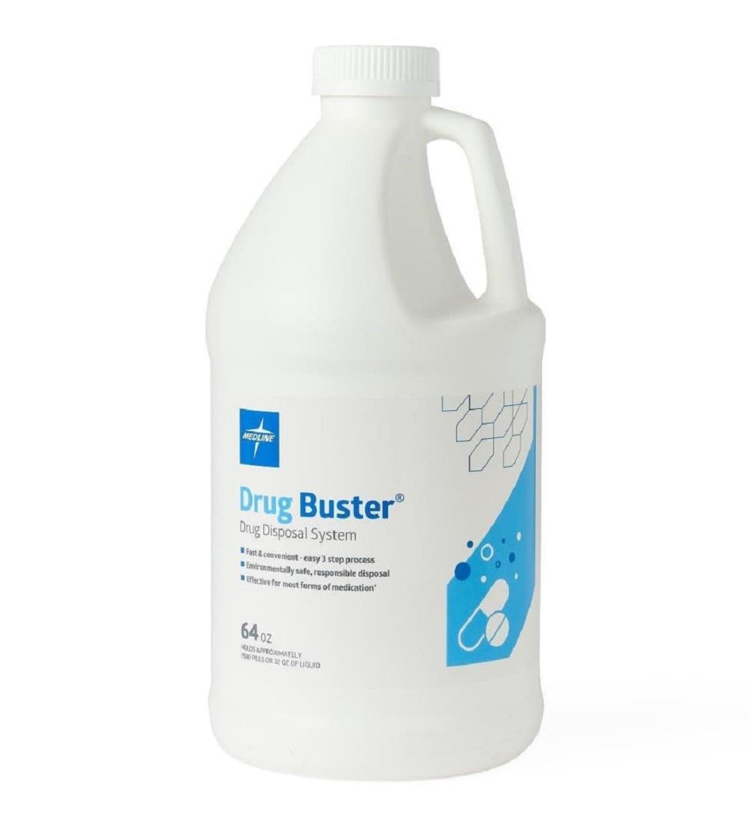Medline Drug Buster Drug Disposal System 64 oz bottle used for pill disposal destroys prescription medications safely and safe disposal of medications