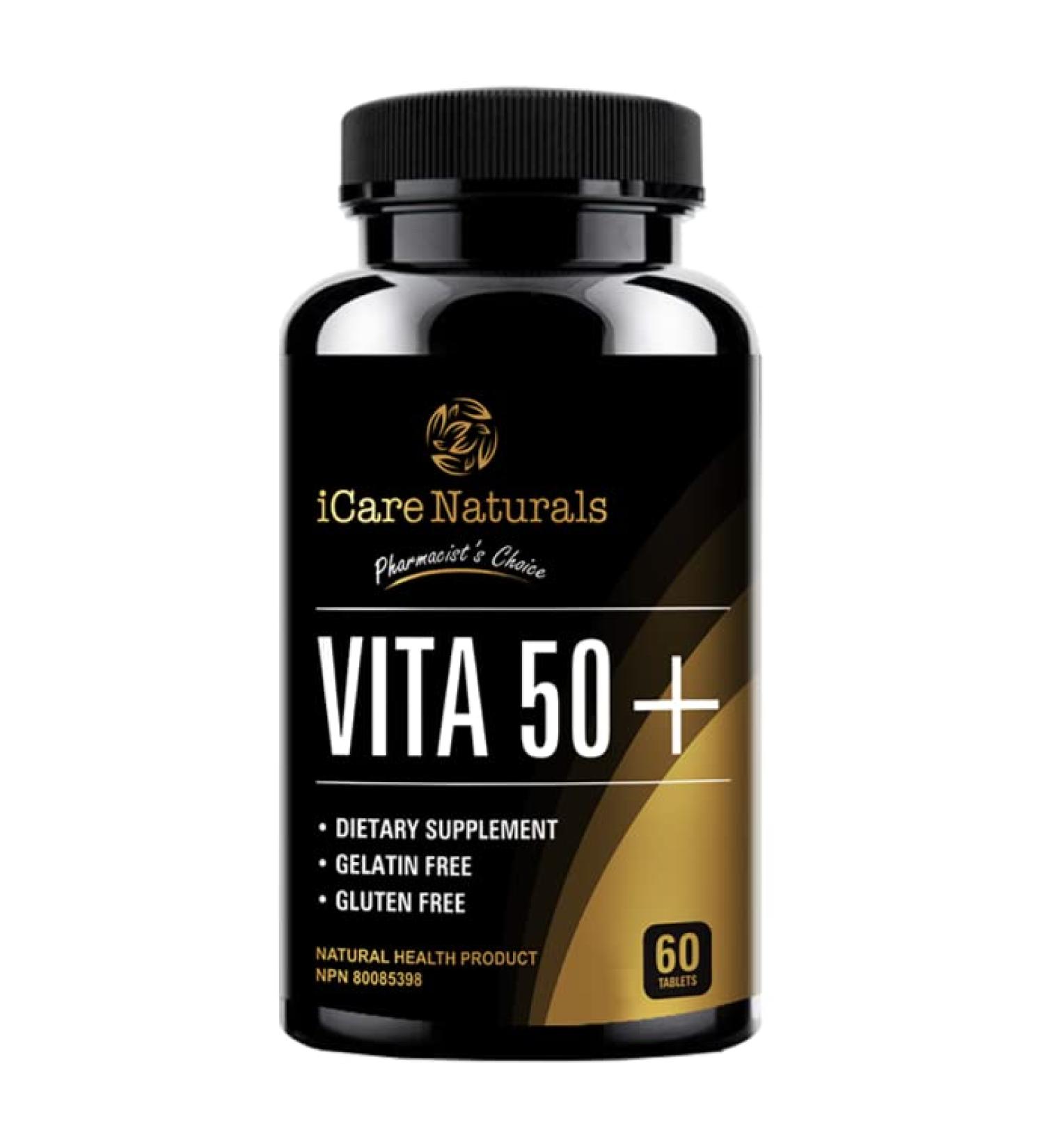 iCare Naturals Vita 50+ - Multivitamins for Seniors aged 50 and above - Health Supplement for Adults Gluten Free | Vegetarian Friendly | Halal | Manufactured in Canada FDA Registered | GMP Certified - 60 count - 2 months supply. - Buy Online on GoSupps.com