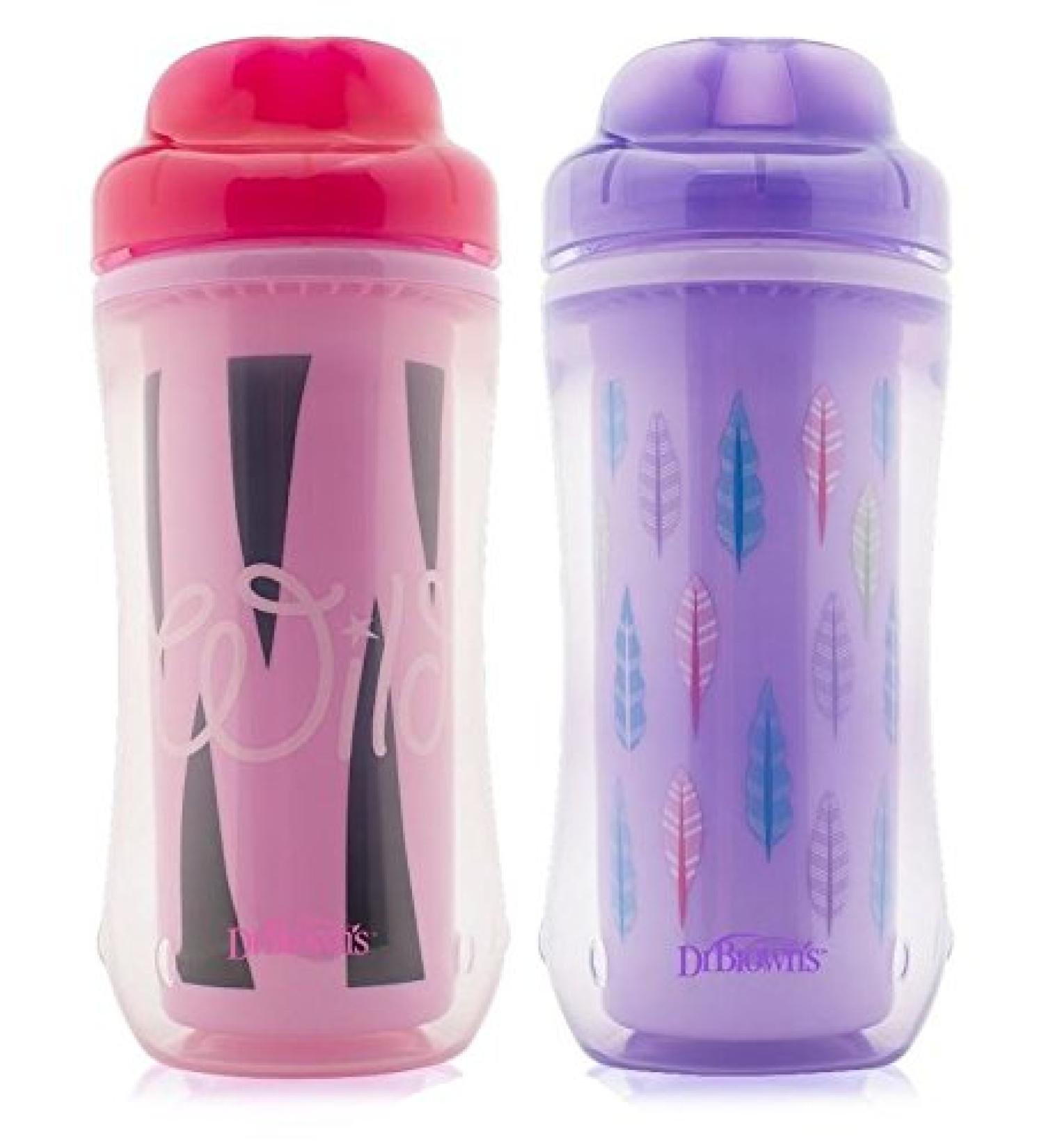 Dr Brown's 2 Pack 10 Ounce Spoutless Insulated Sippy Cup Great For Girl Pink Wild and Purple Feather BPA Free Pink Purple