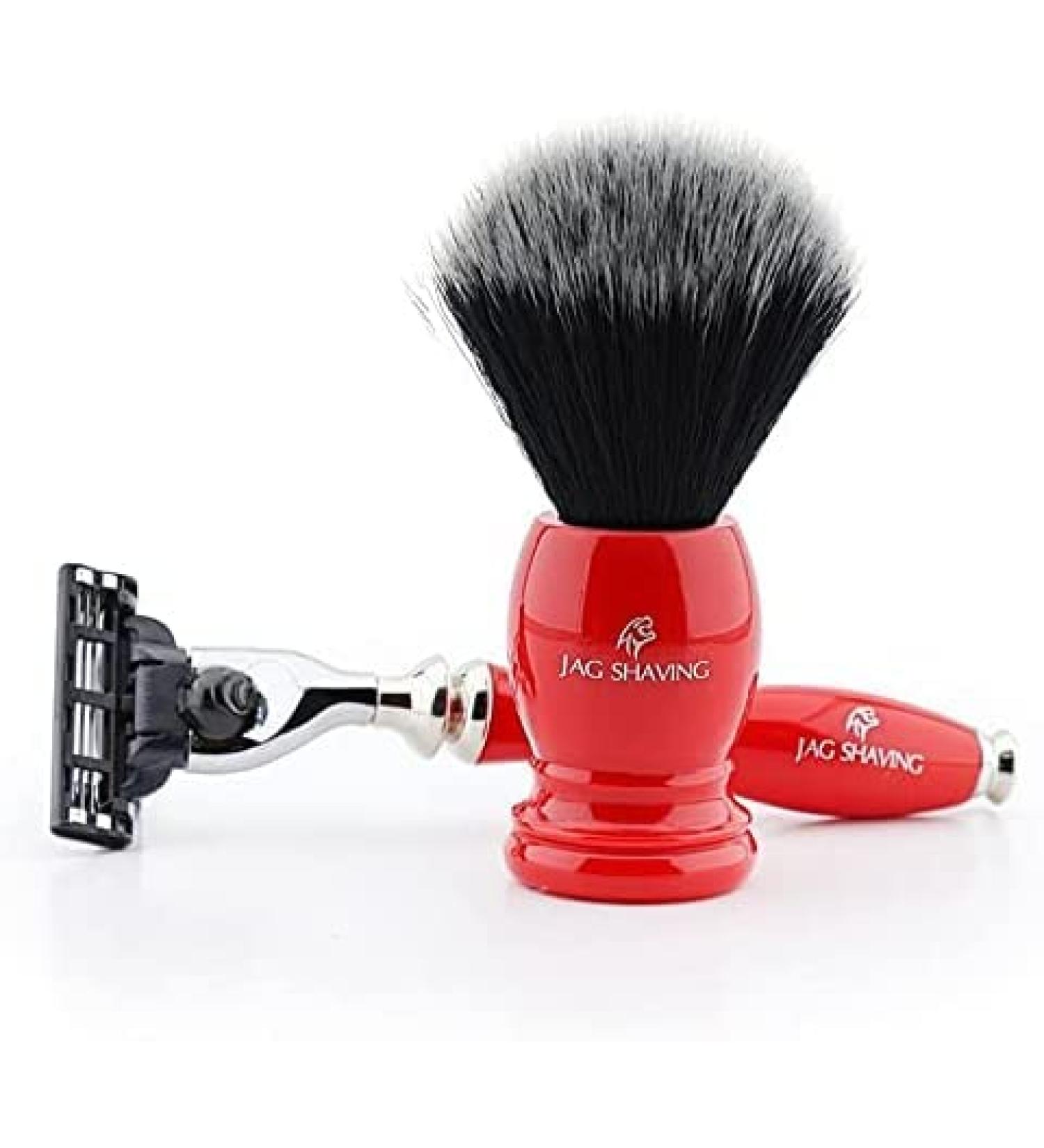 3-edge razor and synthetic hair shaving brush with red handle from Jag Shaving