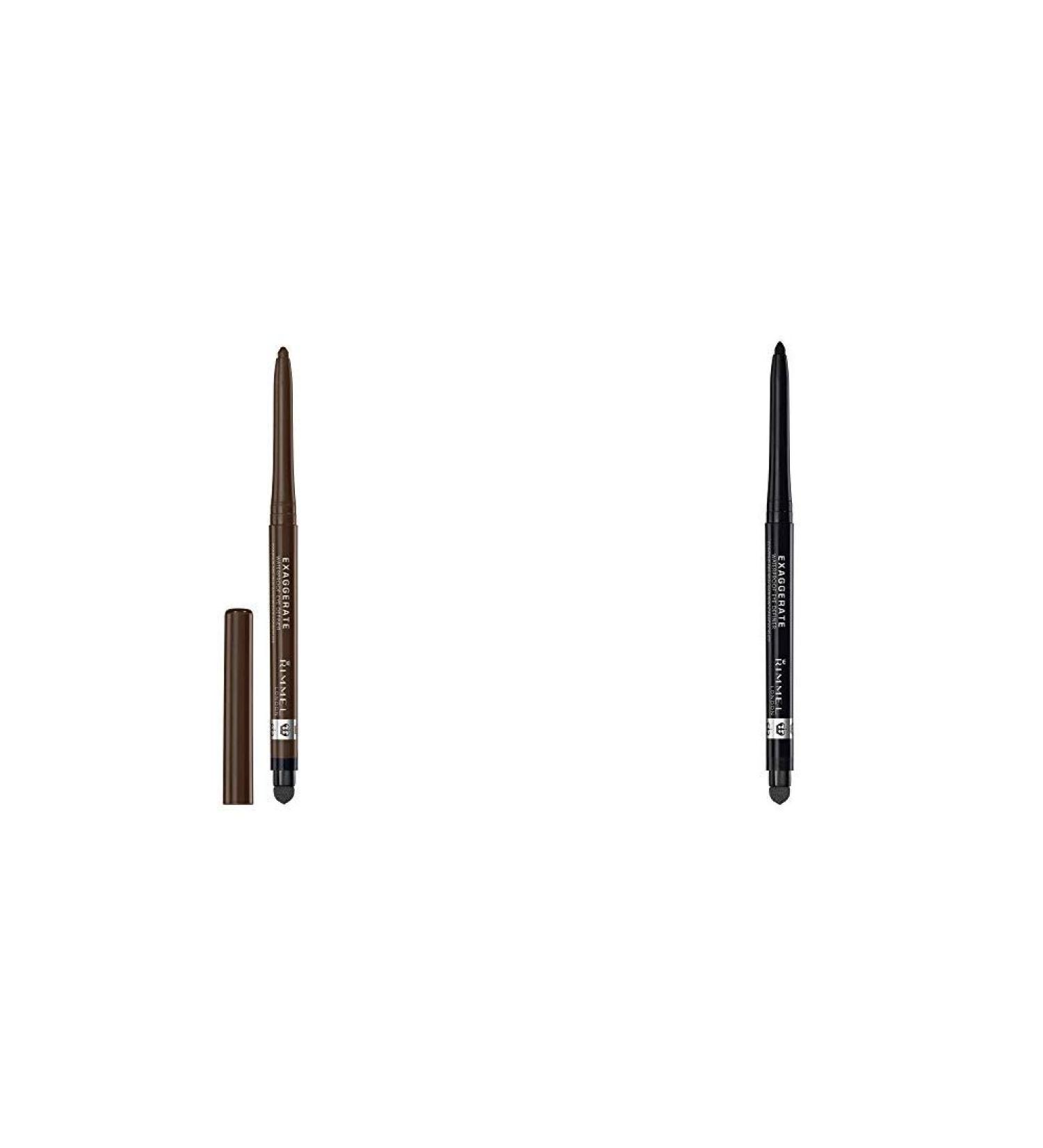 Rimmel Exaggerate Eye Definer Rich Brown 0.01 Fluid Ounce & Rimmel Exaggerate Eye Definer Blackest Black 1 Count Waterproof Long Lasting Easy Twist Up Self-Sharpening Eye Color Pencil 1 Count (Pack of 1) Rich Brown/Blackest Black