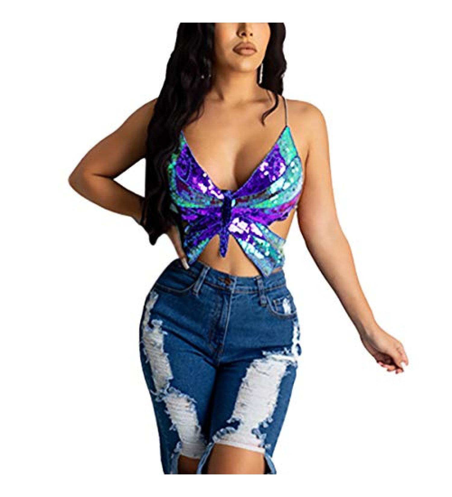 Women's Large Purple Butterfly Sequin Embroidered Crop Tank Top for Belly Dance - Buy Online on GoSupps.com