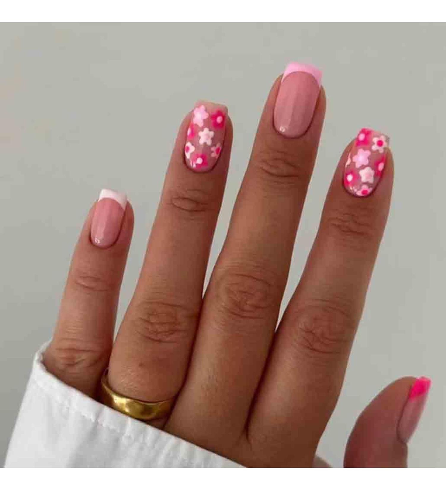 Foccna Pink Medium Acrylic False Press on Nails - 24PCS Flower Design Full Cover Nail Art Tips for Women & Girls - International Shipping Available - Buy Online on GoSupps.com