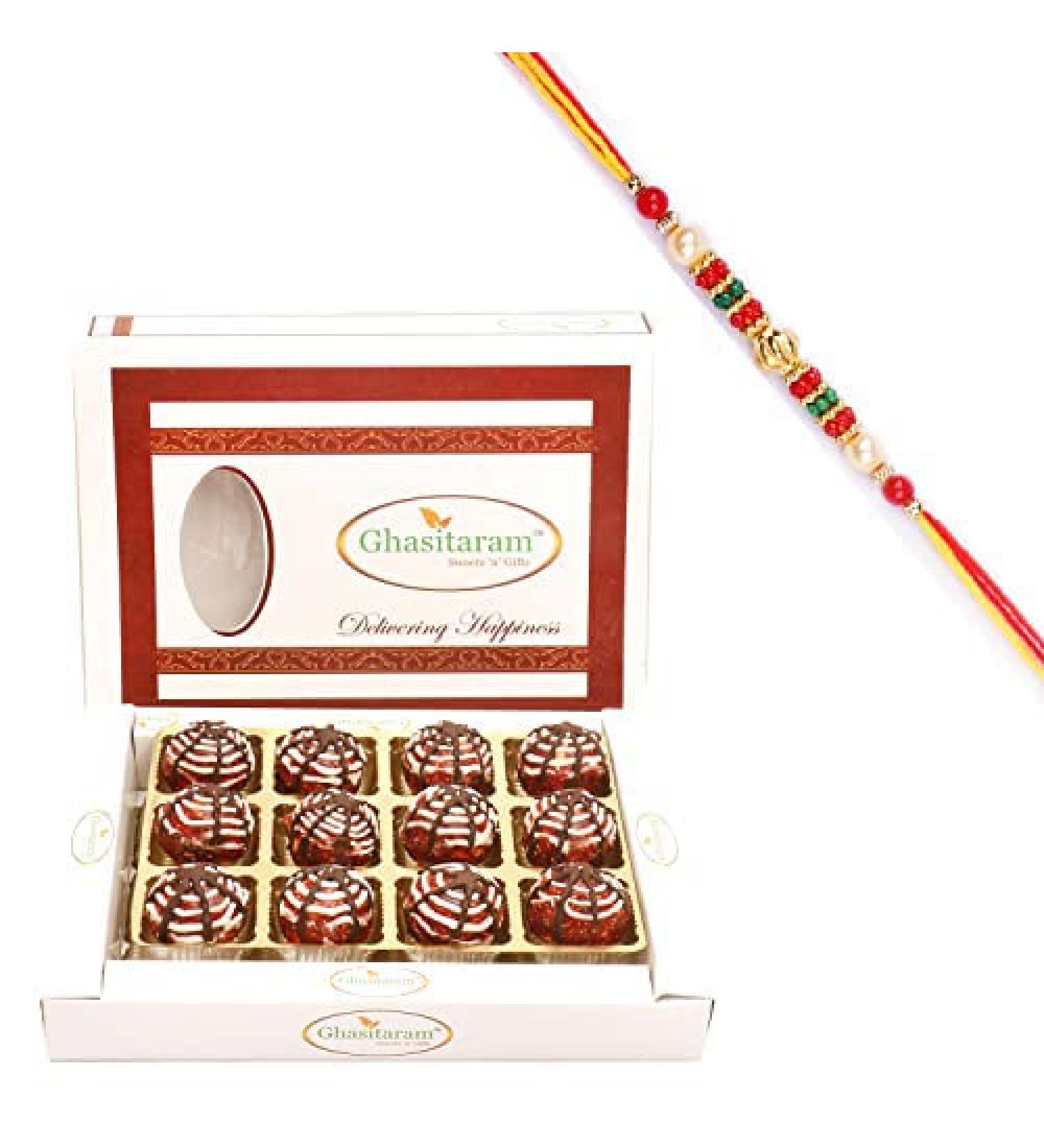 Ghasitaram Gifts Rakhi Gifts for Brothers Rakhi Sweets - Anjeer Chocolate Laddoo in White Box with Beads Rakhi Anjeer Chocolate Laddoo in White Box with Rakhi - Buy Online on GoSupps.com