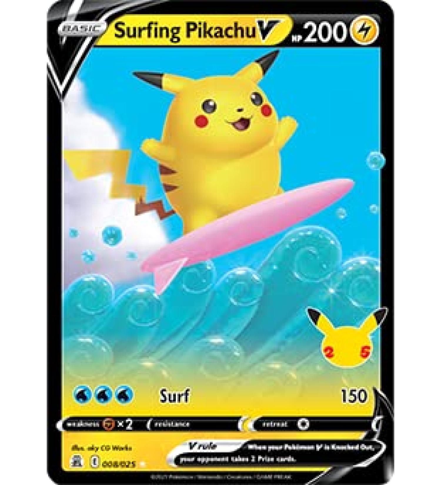Pokmon Celebrations Surfing Pikachu V, 25th Anniversary Full Art Rare Holo + Surprise Card!