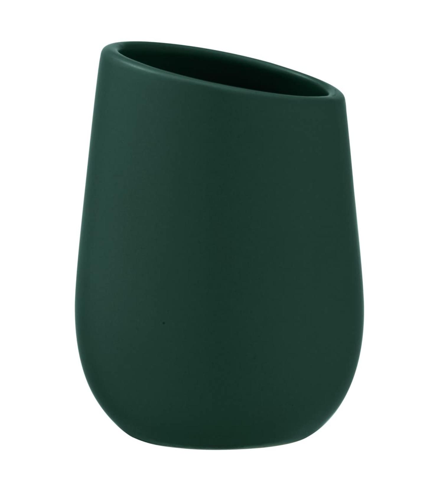 Wenko Badi Toothbrush Cup High-Quality Dark Green Ceramic Dental Holder for Bathroom & Guest Toilet | 8x11 cm - Buy Online on GoSupps.com
