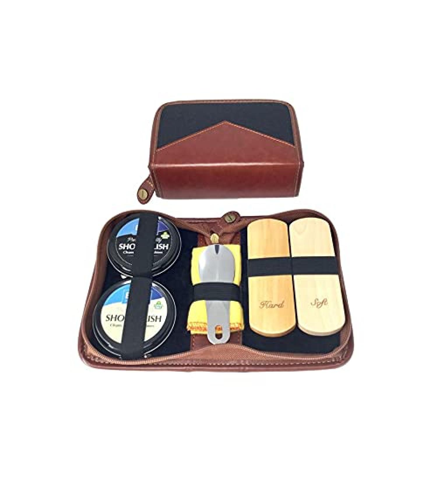 Glo-Earth Shoe Shine Kit Shoe polish Kit Premium Quality Travel Brush Kit Horse Hair Brush Polish Black Neutral Buff Quality Premium PU Leather Gift - Buy Online on GoSupps.com
