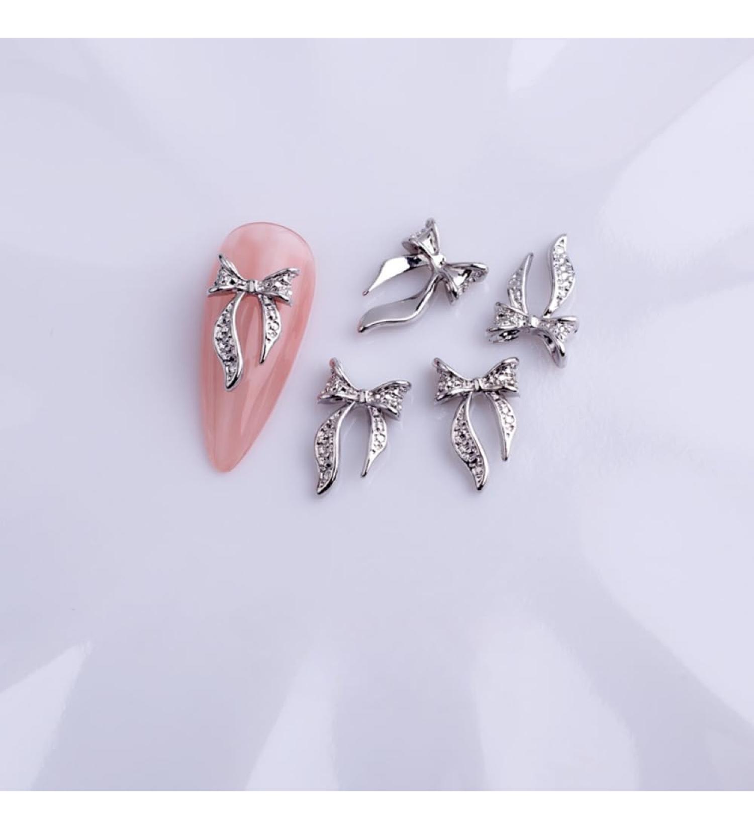 10pcs Nail Art Ribbon Bow Studs Silver Golden Metal 3D Butterfly Charms Nail Decoration Manicure DIY Design Accessories (8026)