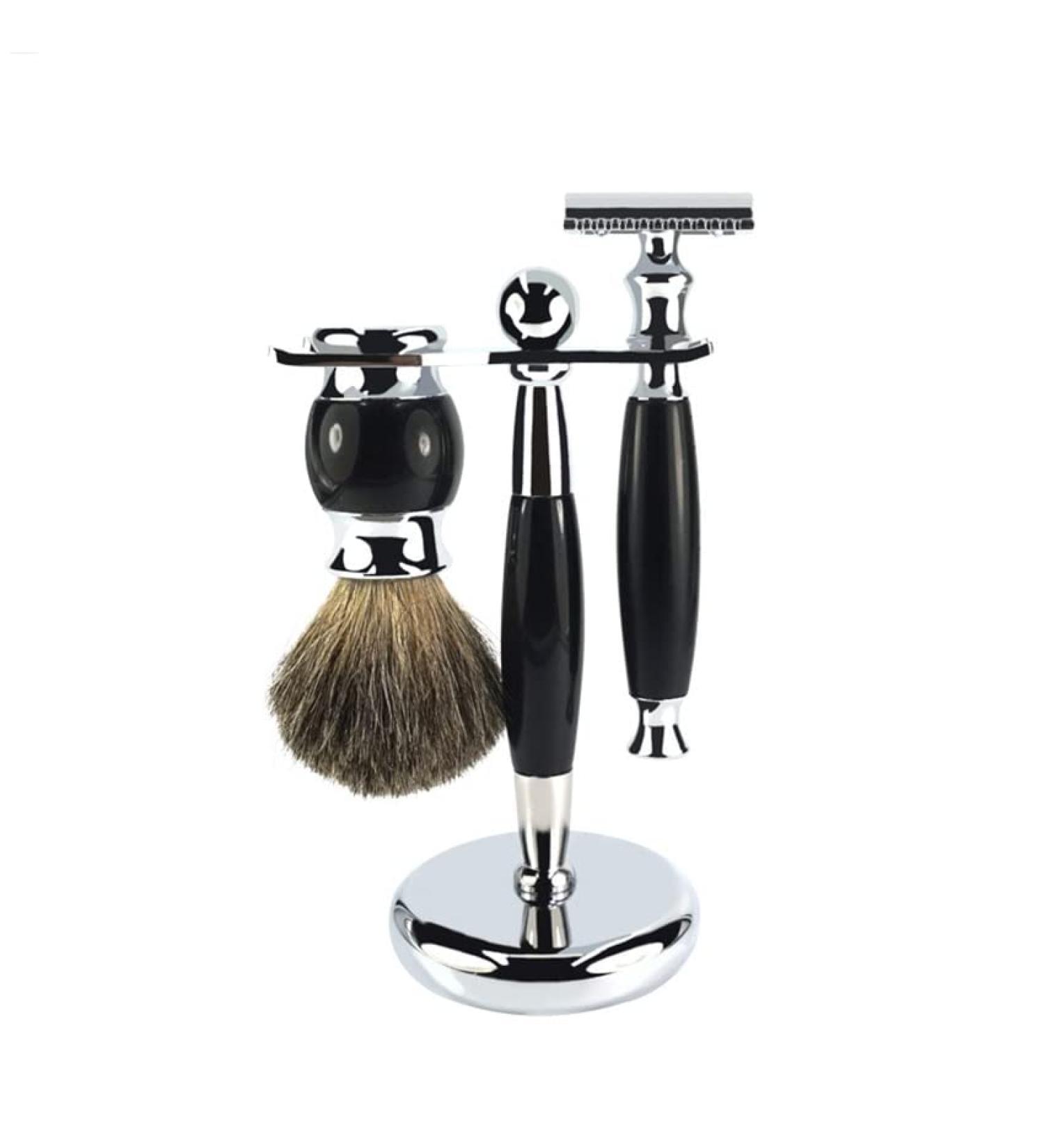 NSNT Exquisit Men's 3-in-1 Shaving Brush Set | Chrome-Plated Manual Rasier Brush & Holder - 15.6cm Black - Buy Online on GoSupps.com