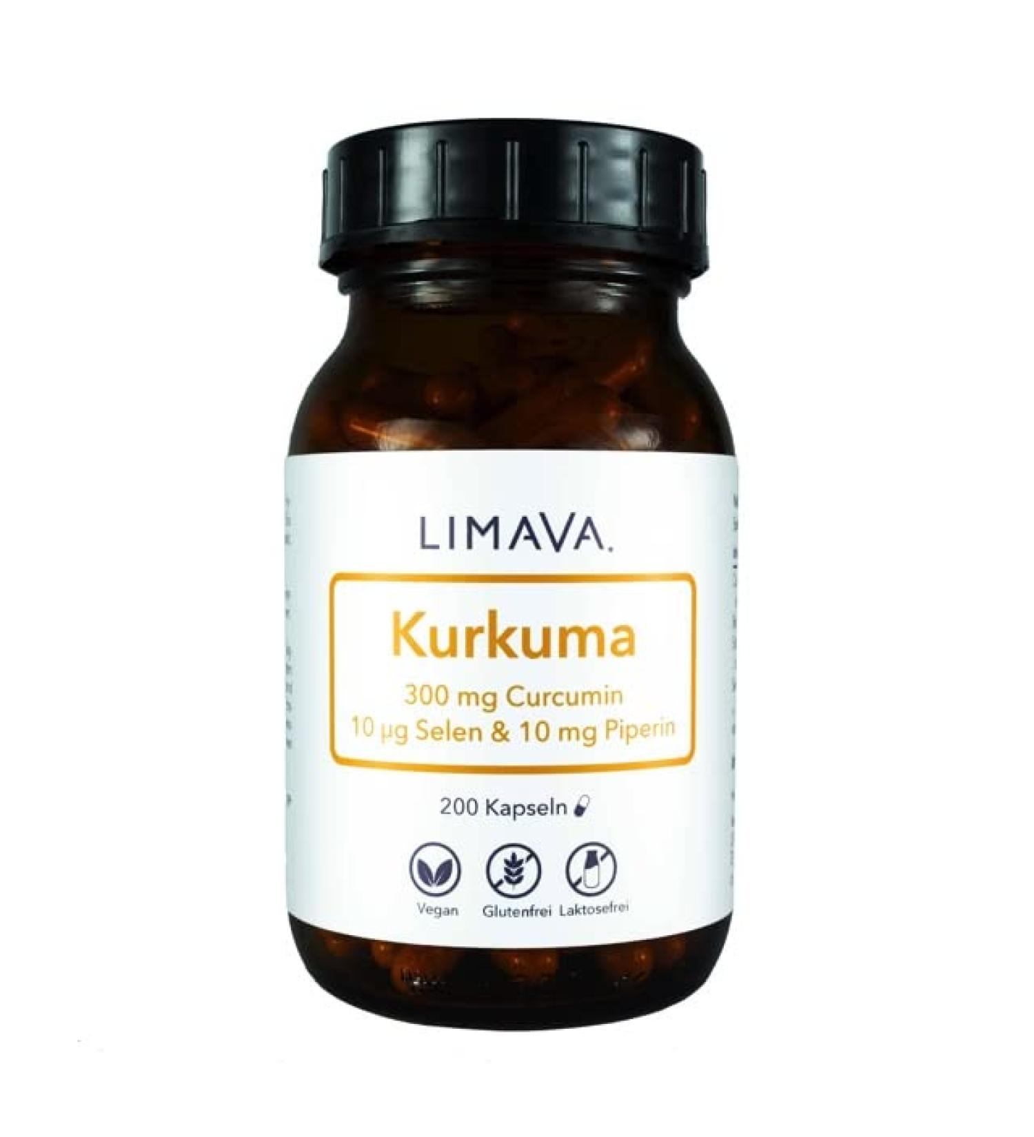 Limava Turmeric Capsules with Selenium & Piperine - 300 mg Curcumin High Dose Vegan 100% Natural No Additives - 200 Pieces in Glass | International Shipping Available - Buy Online on GoSupps.com