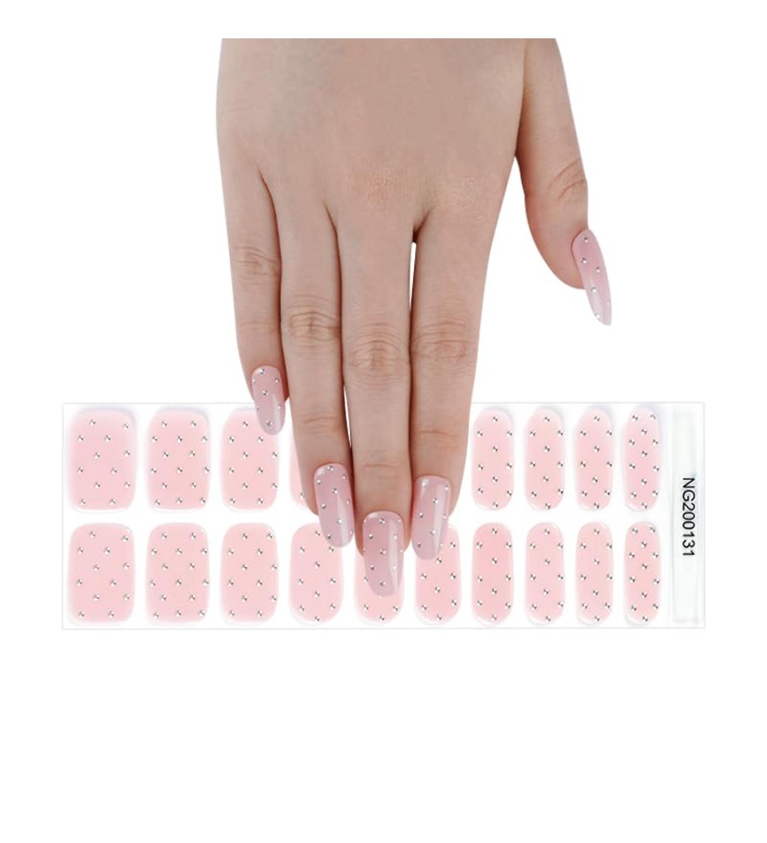 Semi Cured Gel Nails Strips 20 Stickers Nail Wraps Soft Self-Adhesive Gel Nail Stickers Salon-Quality Gel Nail Strips for Nails French Tip Manicure UV/LED Lamp Required (Pink Rhinestone-131) - Buy Online on GoSupps.com