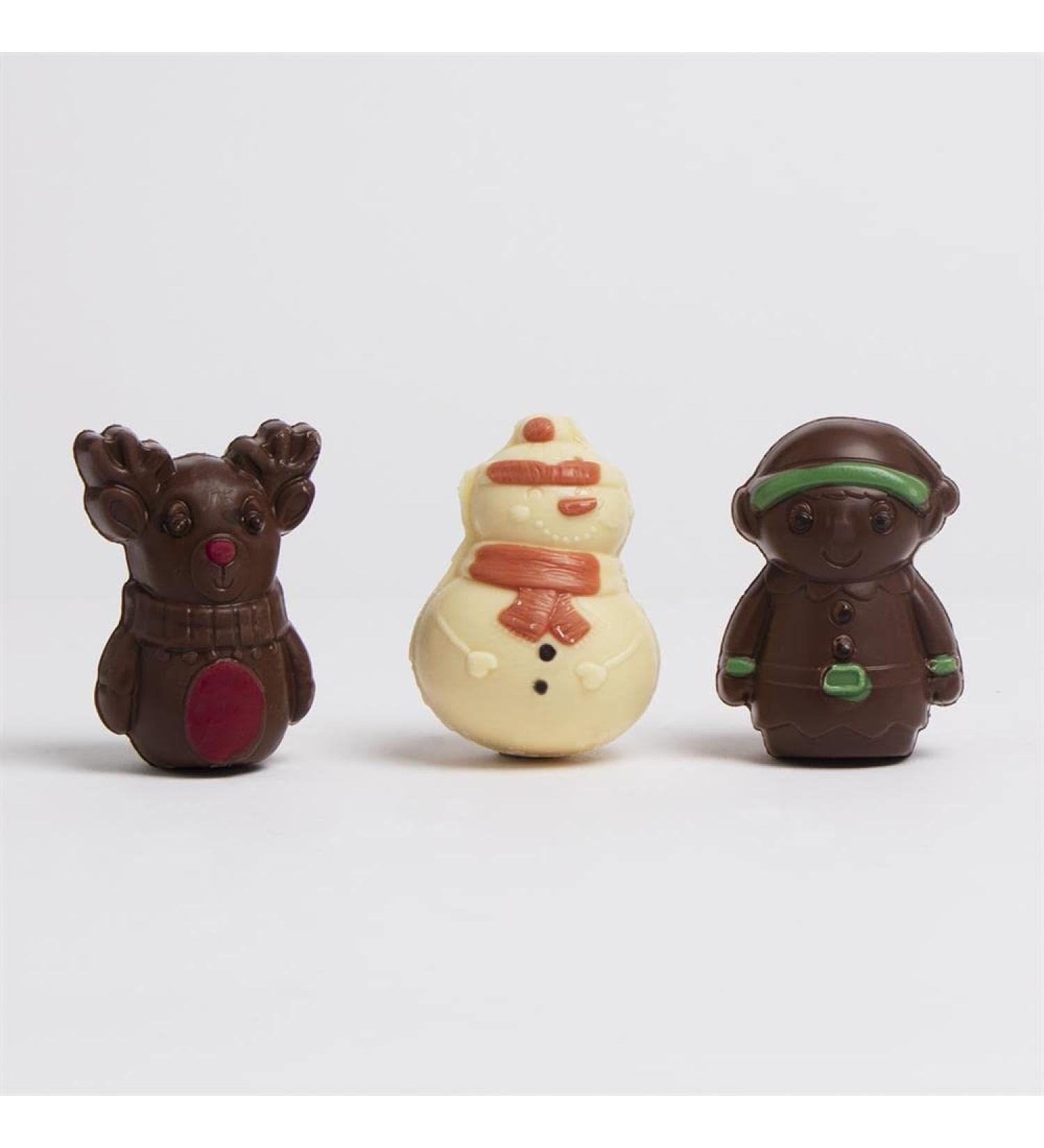 Hot Chocolate Drinking Chocolate Characters Set of 3 assorted hollow chocolate filled with marshmallows - white chocolate snowman milk chocolate elf & milk chocolate reindeer