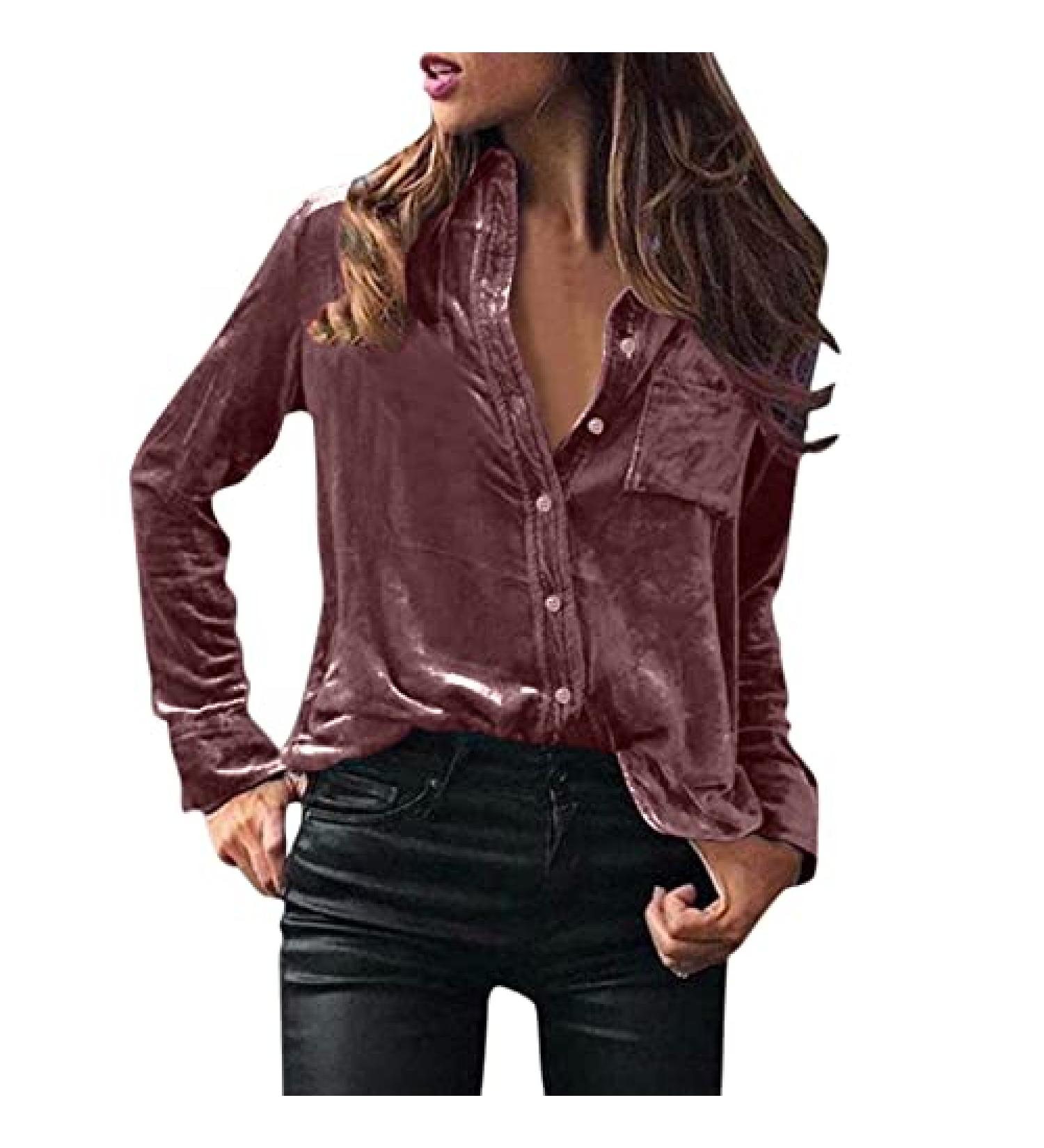 Velvet Oversized T-Shirt for Women - Winter Fashion, Casual Short Sleeve with Pocket and Button Detail - Watermelon Red, Medium - Buy Online on GoSupps.com