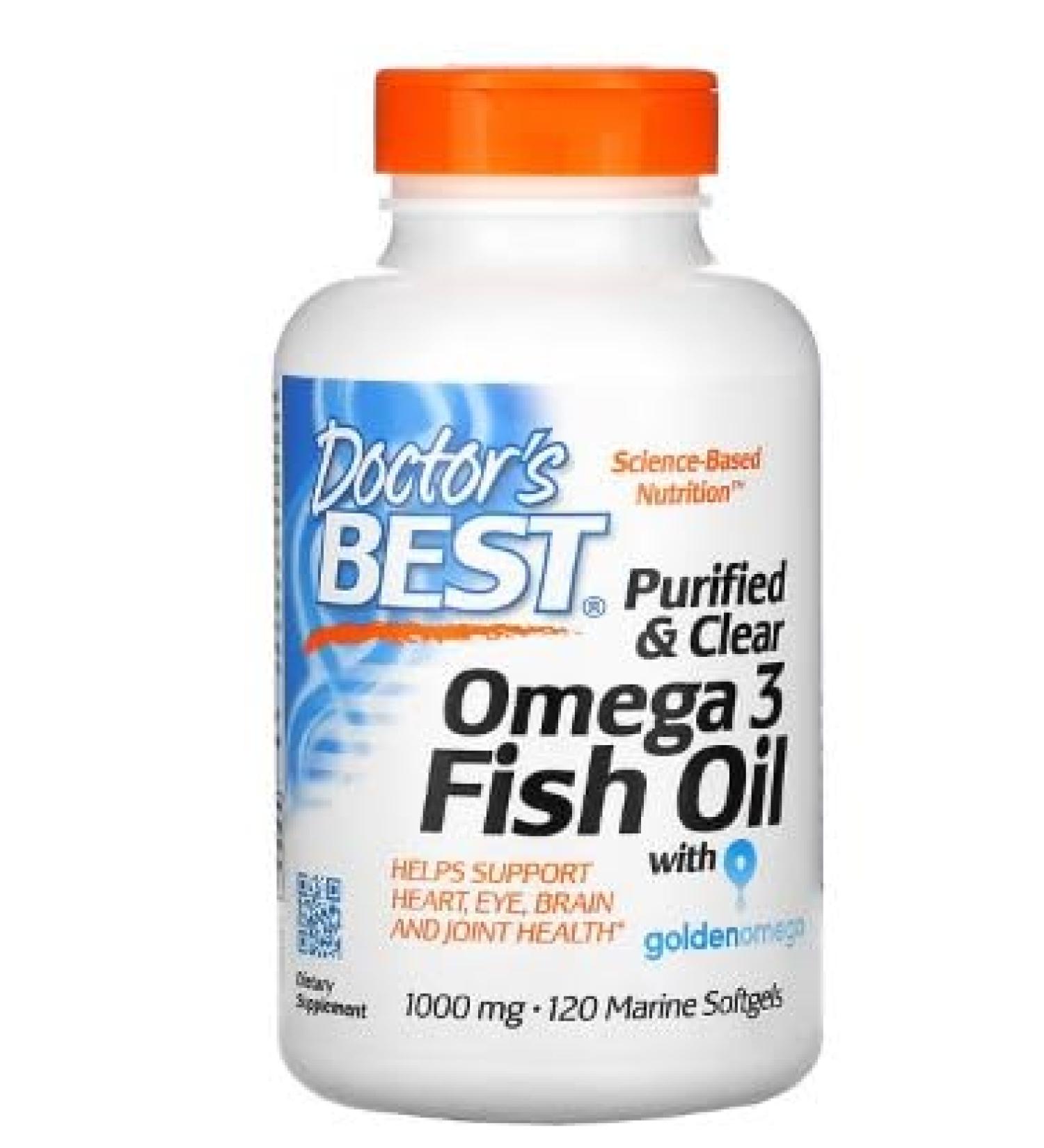 Doctor's Best Purified & Clear Omega 3 Fish Oil 1000mg - 120 Marine Soft Capsules - Support for Cardiovascular and Brain Health - Buy Online on GoSupps.com