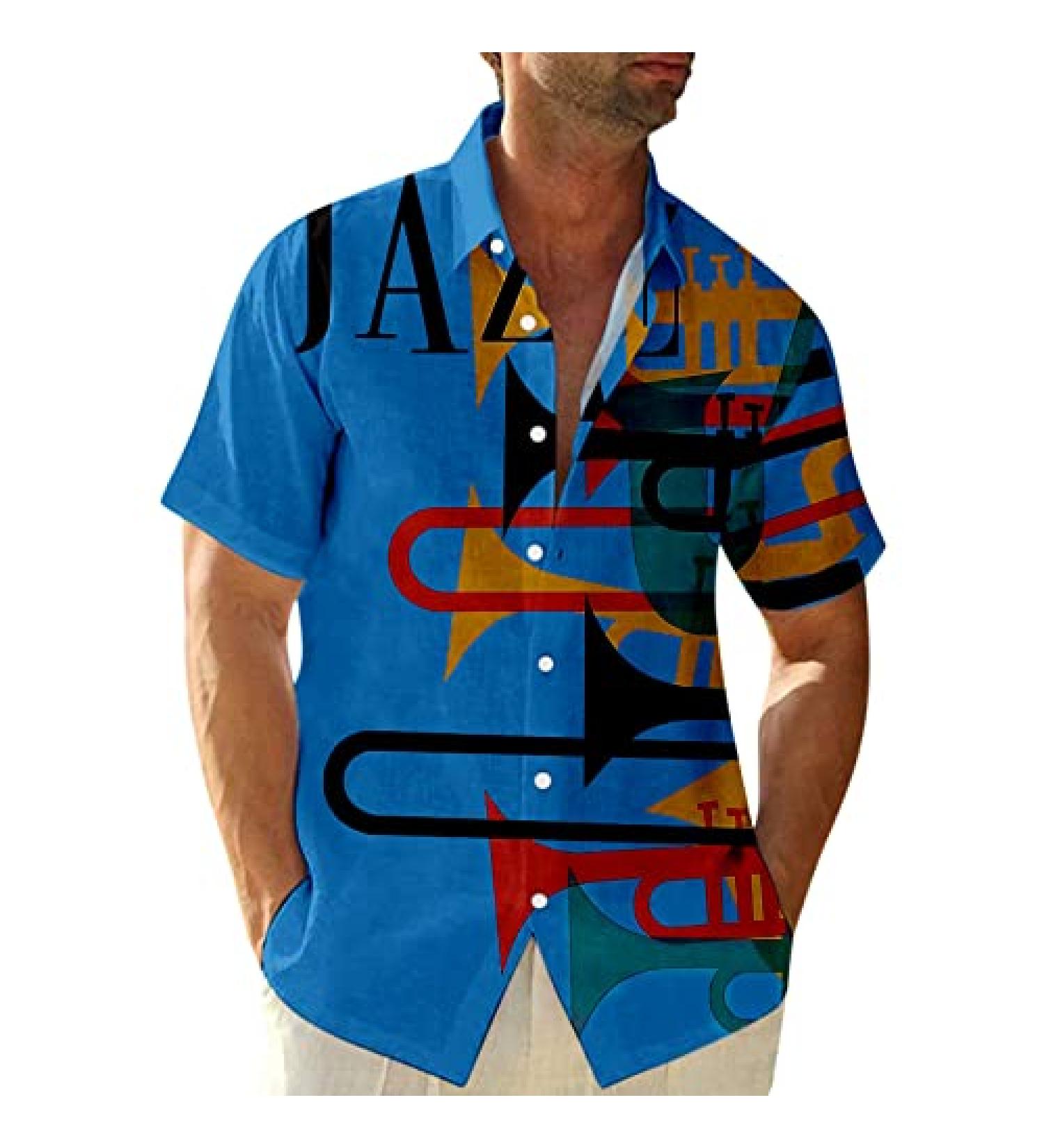 BEUU Men's Short Sleeve Jazz Print Hawaiian Shirt for Summer Beach - Casual Button Down Regular Fit Top - Buy Online on GoSupps.com