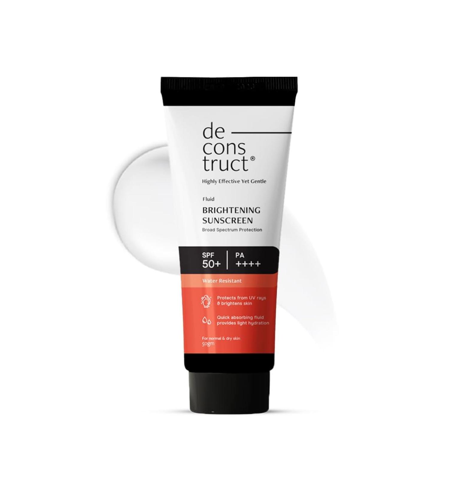 Deconstruct Brightening Fluid Sunscreen SPF 50+ with Niacinamide | Lightweight Dewy & Hydrating for Dry & Normal Skin | Broad Spectrum UVA/UVB Protection | 8-Hour Long-Lasting Water-Resistant | 50g - Buy Online on GoSupps.com