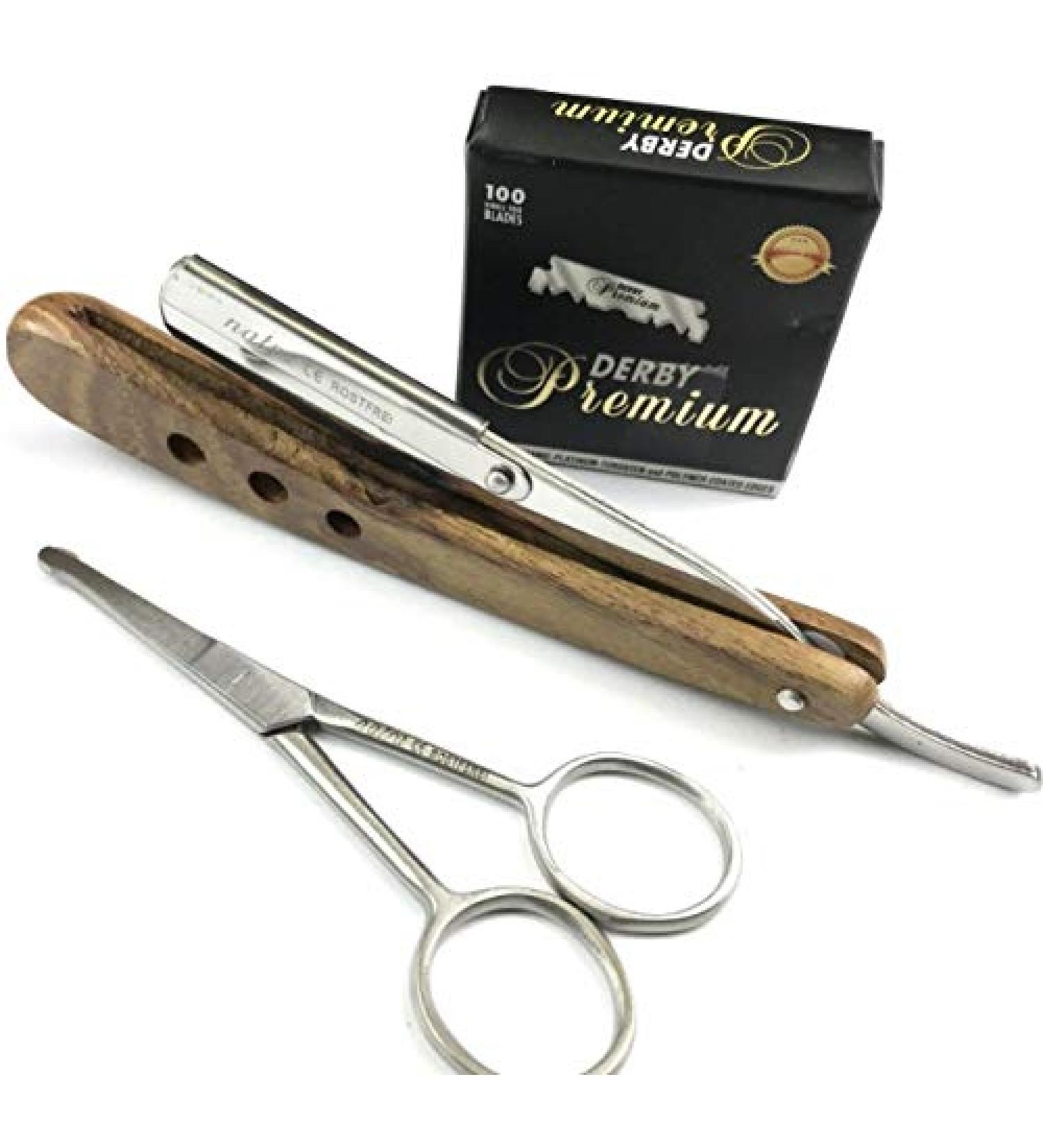 Wooden Razor 100 DERBY PREMIUM Razor Blades Shaver Shaving Beard Scissors NATRA