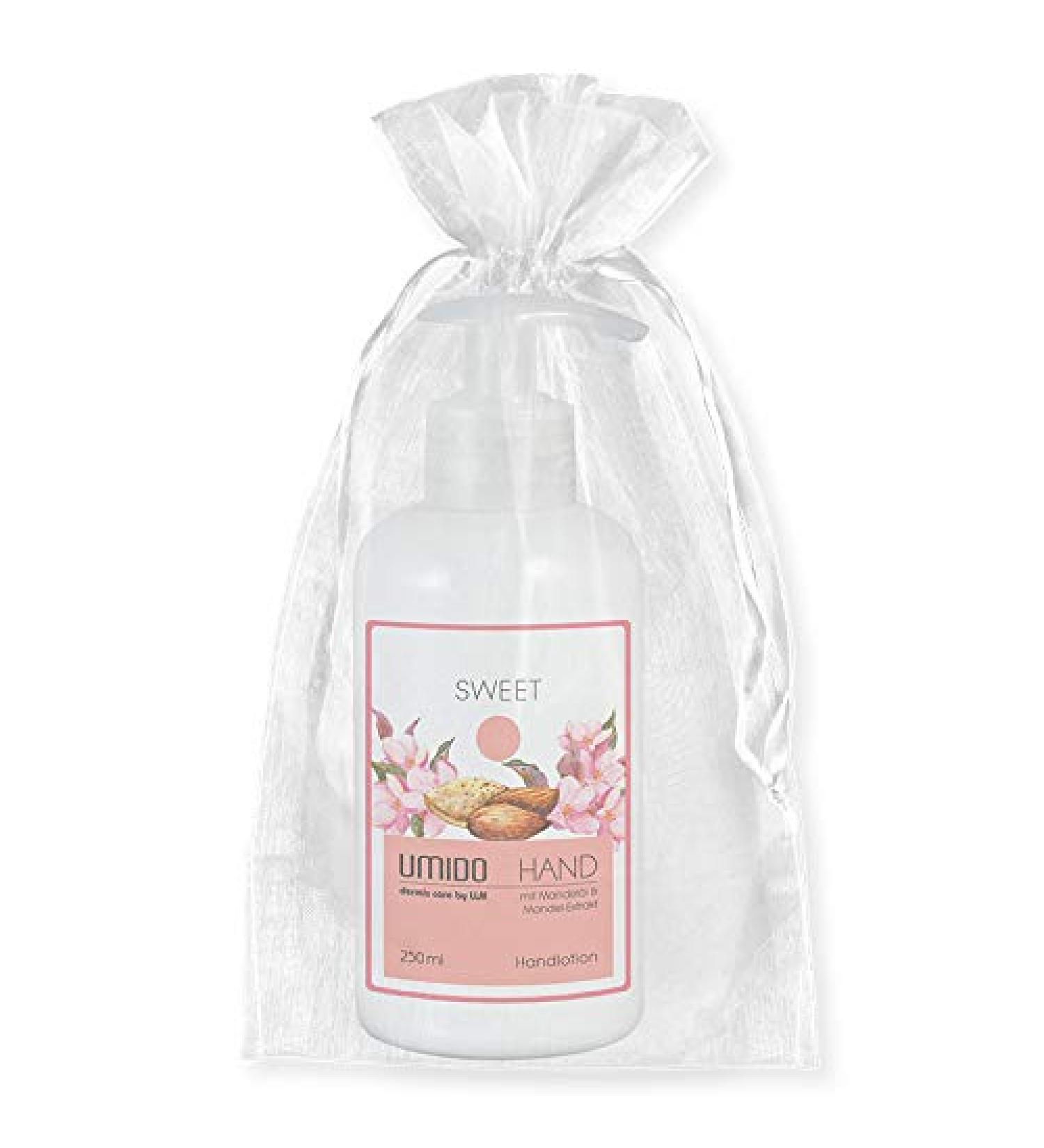 Umido Beautyet |1x hand lotion 250 ml of almond oil & almond extract |Without silicones & parabens |1x organza bags |Hand cream |Care cream (6-cycling) (7-WHT)